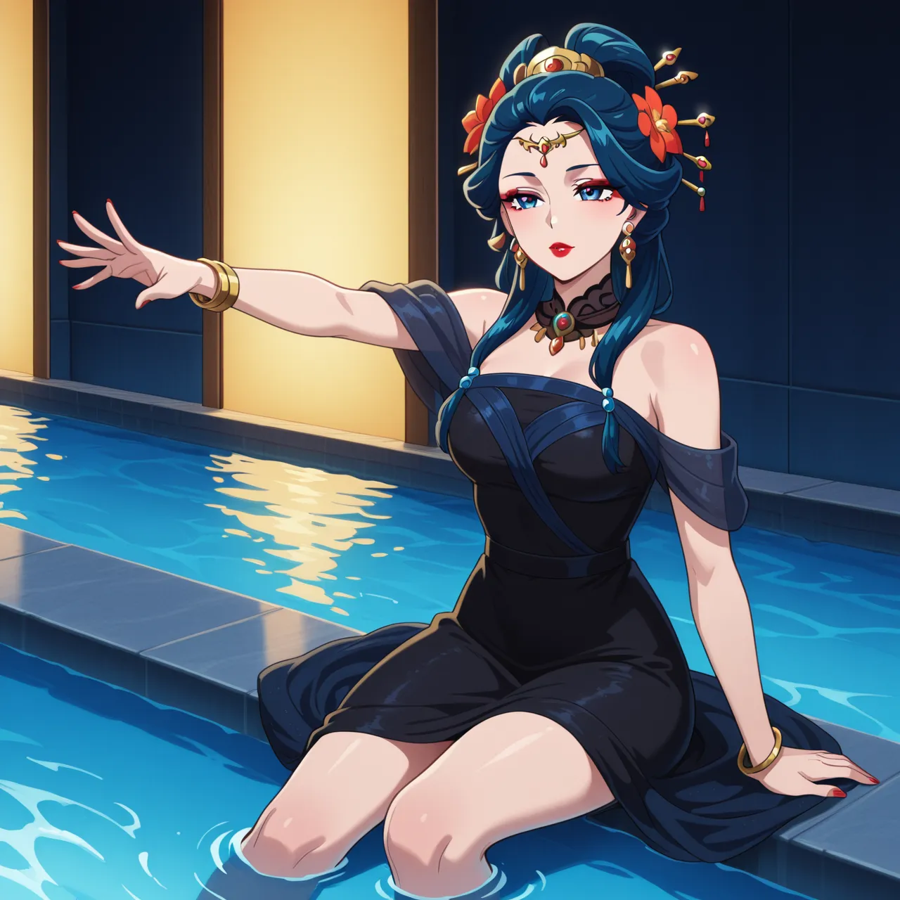 score_9_up, score_8_up, score_7_up, 1girl, solo, mature female, Maki, green ponytail  hair, yellow eyes, glasses, red lips, parted lips, fit slim body, perfect medium erected breast,(((highly detailed eyes))), (((dark blue evening dress with plunging neckline, golden earrings, golden rings, black choker with shining rhinestones))), (((white modern villa with panoramic windows, pool, sunset))), outdoors, looking at the viewer, perfect model body,  pose