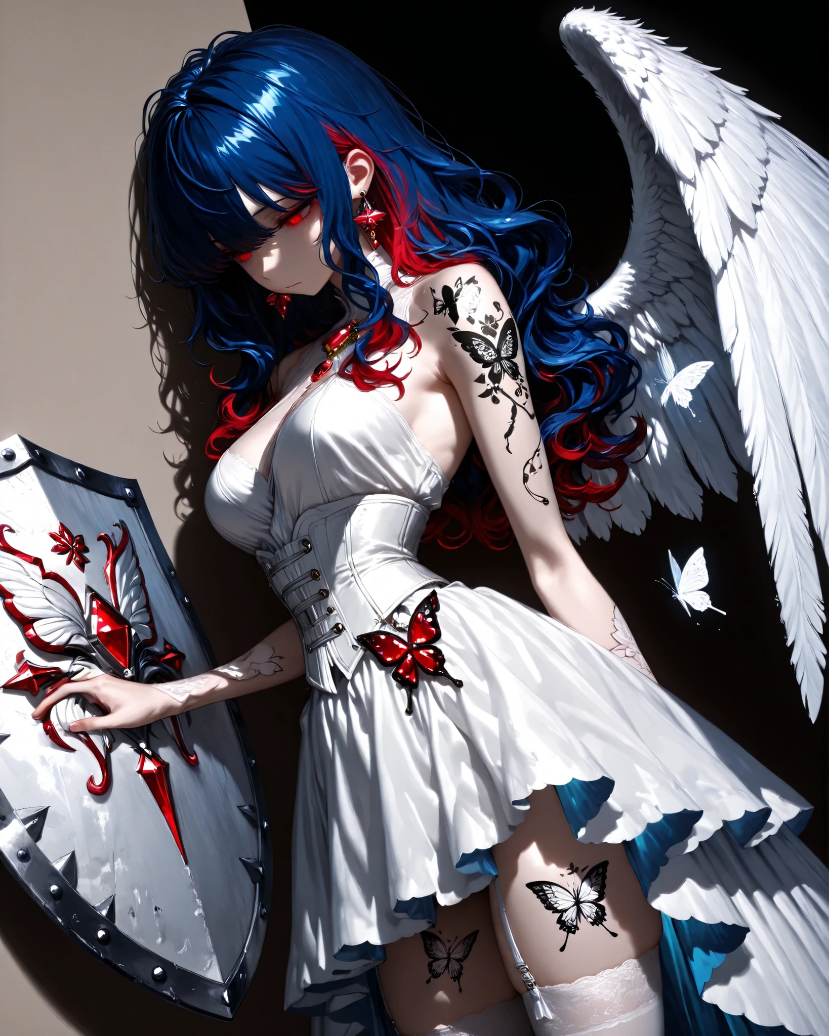 wolfcut, fluffy hair, voluminous hair, wavy centerparted, wavy bangs, wavy hair,, side angle, close-up, character in the right corner of the image with the body turned to the left of the image, (masterpiece, vivid colors, 4k), {1woman}:(a beautiful and attractive woman with "long blue hair:1.2" with red highlights and a hairstyle with bangs, red rectangular eyes with half slits, a very detailed earring made of red jewels, wearing an all-white outfit with a white V-shaped dress with a white corset, delicate white stockings, on the left arm a large white shield full of red jewels adorning it, has only a white wing on the left side, on the right shoulder a butterfly tattoo with a small holographic butterfly), neutral background, no background, neutral background