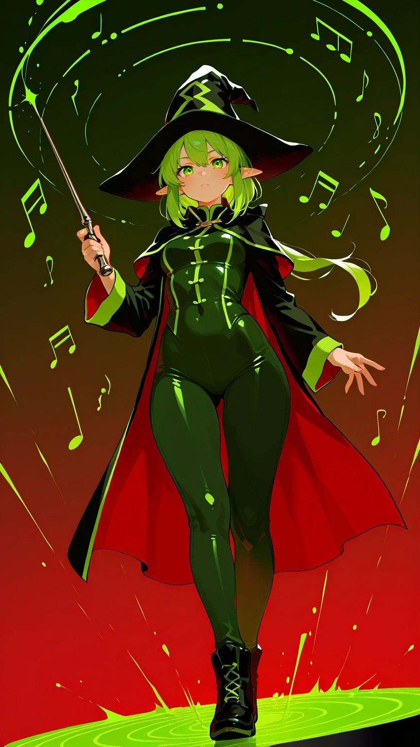 Misalind,(very aesthetic),Slim face,girl,solo,Magic Musketeer,green髪,薄red髪,green髪,tricolor hair,Long Low Ponytail,BREAK,(green,red,green,Wizard,Musician,detailed 2 combined multicolor costume:1.2),BREAK,詳細な十字型green紫の目,musical hat,musical baton,(The curvy :1.2),BREAK,(Isekai School Background:1.25),(perfect anatomy),( dynamism angle :1.2),Perfect Clear Sky,(Magically Draw Musical Notes in the Air:1.2),
