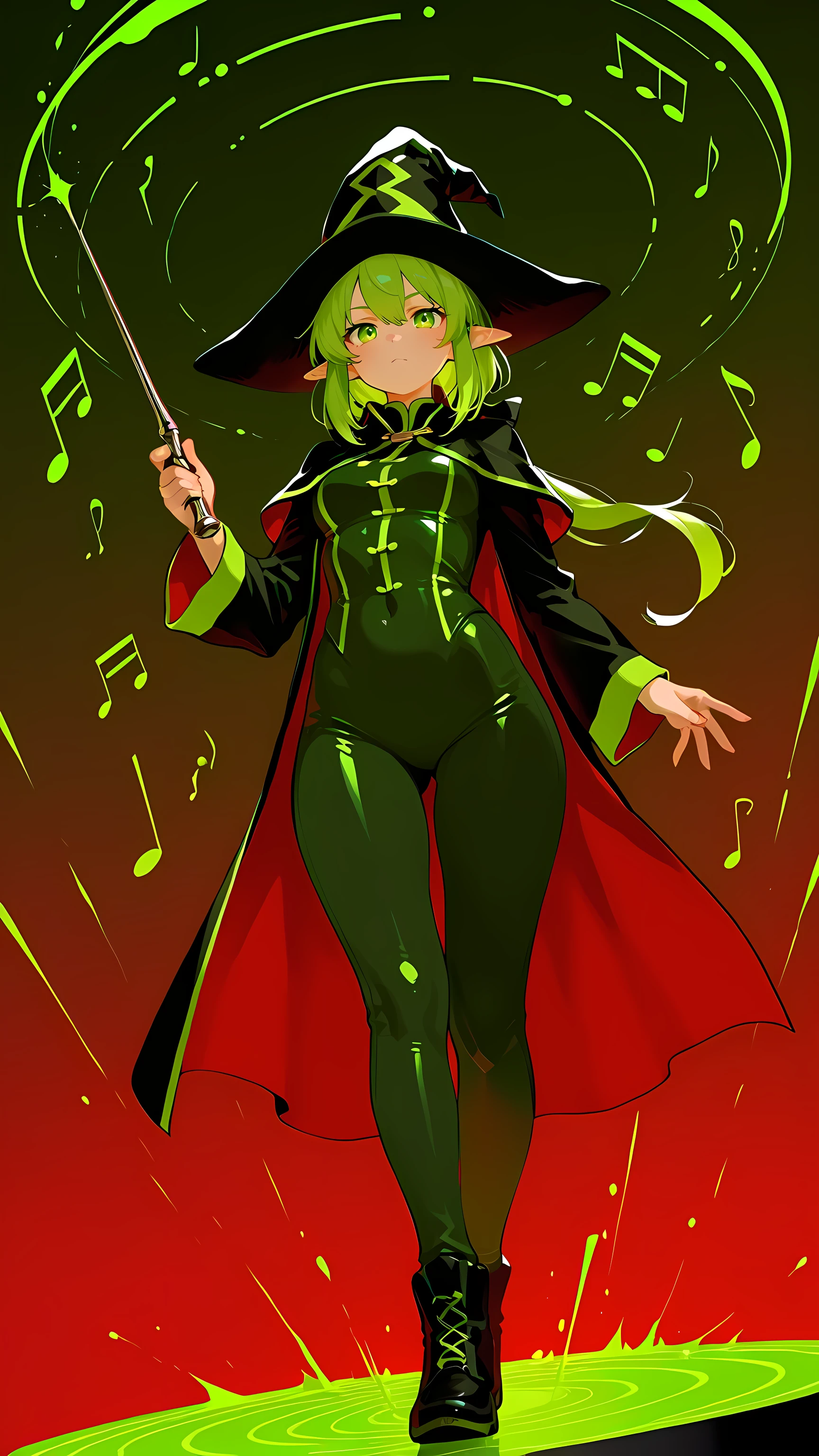 Misalind,(very aesthetic),Slim face,girl,solo,Magic Musketeer,green髪,薄red髪,green髪,tricolor hair,Long Low Ponytail,BREAK,(green,red,green,Wizard,Musician,detailed 2 combined multicolor costume:1.2),BREAK,詳細な十字型green紫の目,musical hat,musical baton,(The curvy :1.2),BREAK,(Isekai School Background:1.25),(perfect anatomy),( dynamism angle :1.2),Perfect Clear Sky,(Magically Draw Musical Notes in the Air:1.2),