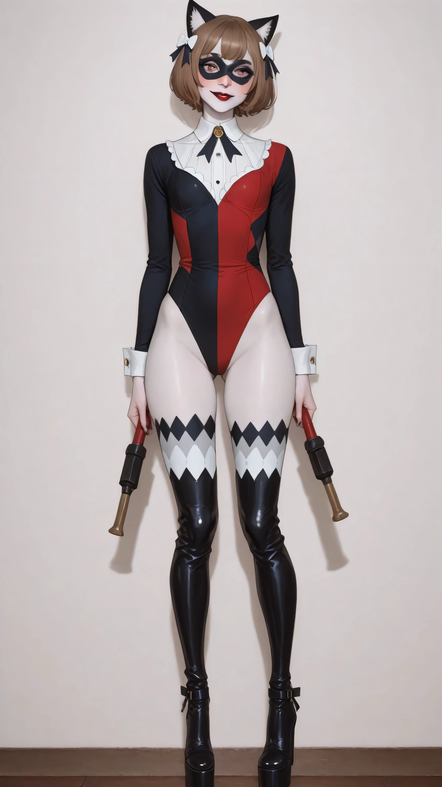 1girl, jester cap, black mask, pale white skin, black lips, white collar, har1992, black and red suit, ,felix argyle, short hair, bangs, brown hair, bow, animal ears, hair bow, male focus, cat ears, eyelashes, bob cut, thick eyebrows, white bow, otoko no ko, glossy lips, red and black thigh high boots, platform heels, full body, masterpiece, dakimakura, high resolution, blush, smile, looking at viewer, standing up, masterpiece, best quality, highly detailed, high quality facial features, red lipstick, perfect eyes, full body shown, mask on face, hammer in hands