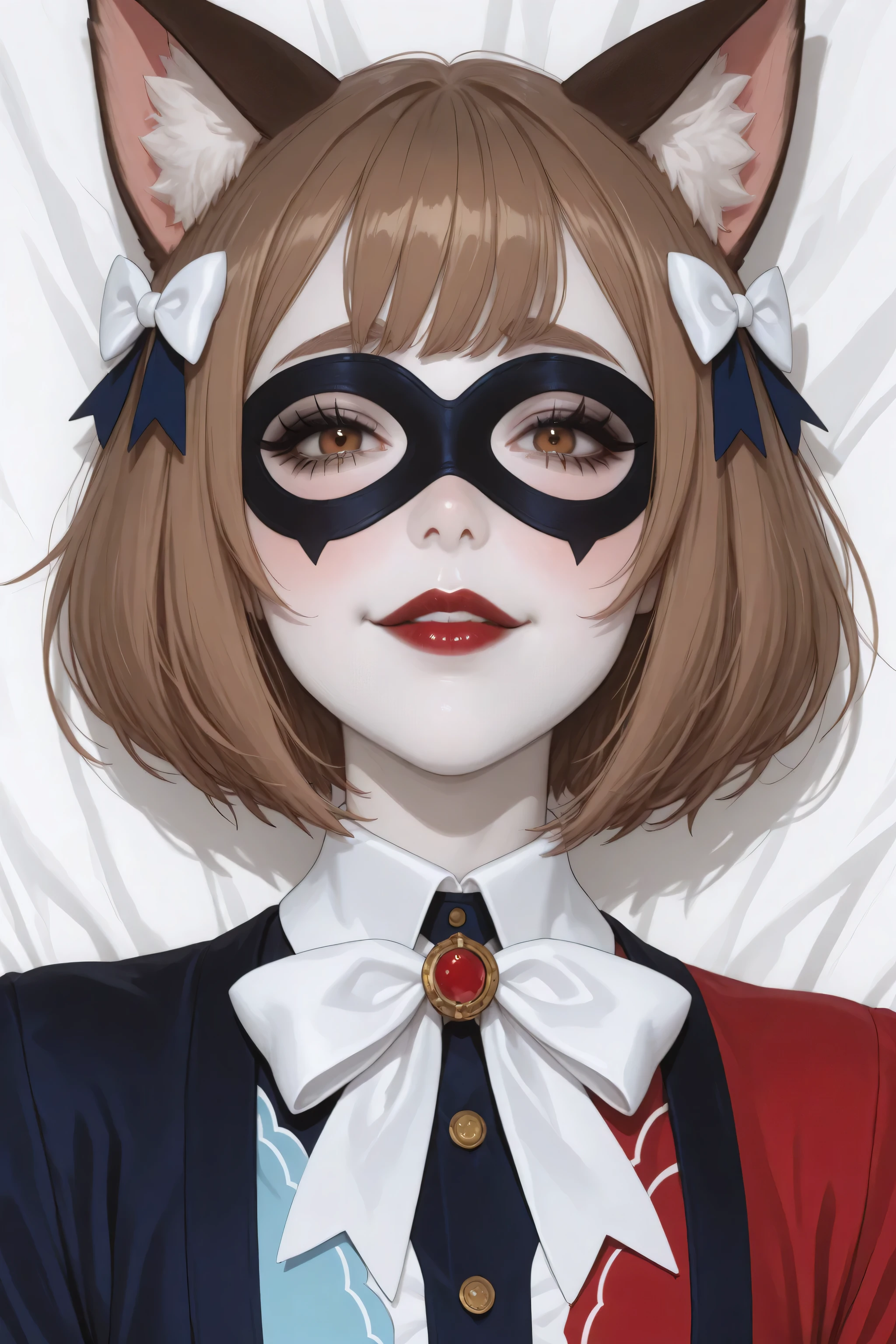 1girl, jester cap, black mask, pale white skin, black lips, white collar, har1992, black and red suit, ,felix argyle, short hair, bangs, brown hair, bow, animal ears, hair bow, male focus, cat ears, eyelashes, bob cut, thick eyebrows, white bow, otoko no ko, glossy lips, face only, masterpiece, dakimakura, high resolution, blush, smile, looking at viewer, standing up, masterpiece, best quality, highly detailed, high quality facial features, red lipstick, perfect eyes, mask on face,