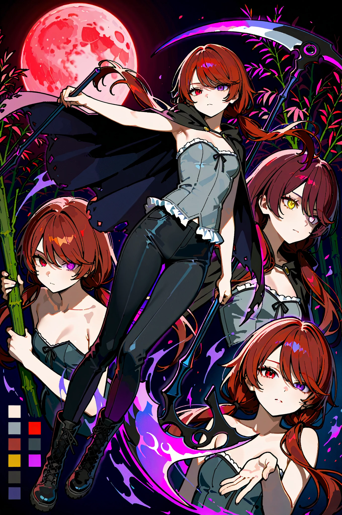 (masterpiece:1.2, Best Quality), (finely detailed beautiful eye: 1.2), (beautiful detailed face, good_hands),  expressionless, different poses, lifeless eyes, tired, upper body, portrait, action pose, holding scythe, black scythe, scythe with dark purple edge, dynamic angle, dark red hair,swept bangs, low twin tails, gray eyes, strapless gray shirt, white frill trim, black trousers, black combat boots, tattered black cloak, willow tree branches, dark background, lantern, small , thin, (color guide:1.2), (multiple views), (full body), dynamic pose,dramatic composition with ink splatter effects, manga style with explosive effect,dramatic lighting, dark purple splash effect,