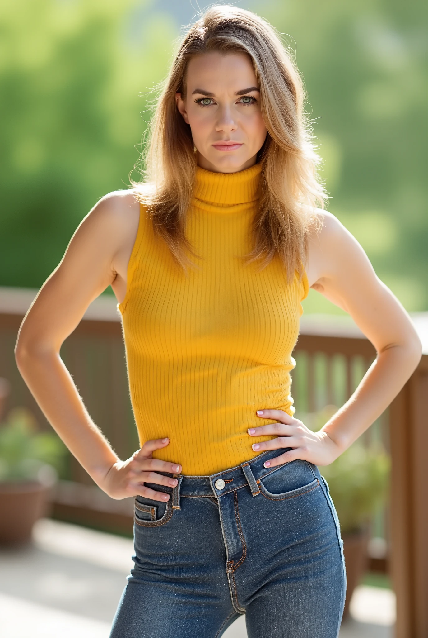 t2l1d0v2a,realistic full-body portrait, ultra-detailed 8k, elegant dominant woman in late 40s, mature beauty with smooth skin and subtle fine lines, professional makeup: bronze eyeshadow, defined brows, natural pink lips, harsh strict expression with piercing gaze, cold intimidating eye contact, powerful aura, arched eyebrows, shoulder-length golden blonde hair with sun-kissed highlights, off-center part, left tucked behind ear, right framing face, sleeveless ribbed yellow high-neck top, high-waisted form-fitting jeans, leaning slightly forward toward viewer, upright commanding posture, squared shoulders, legs slightly apart, hands firmly on , assertive stance, visual focus on pelvis and thighs, direct confrontation, invading viewer's space, secluded terrace: stone floor, potted plants, wooden railing, blurred greenery, soft golden sunlight, dramatic contrast, atmosphere of authority and control, realistic photography