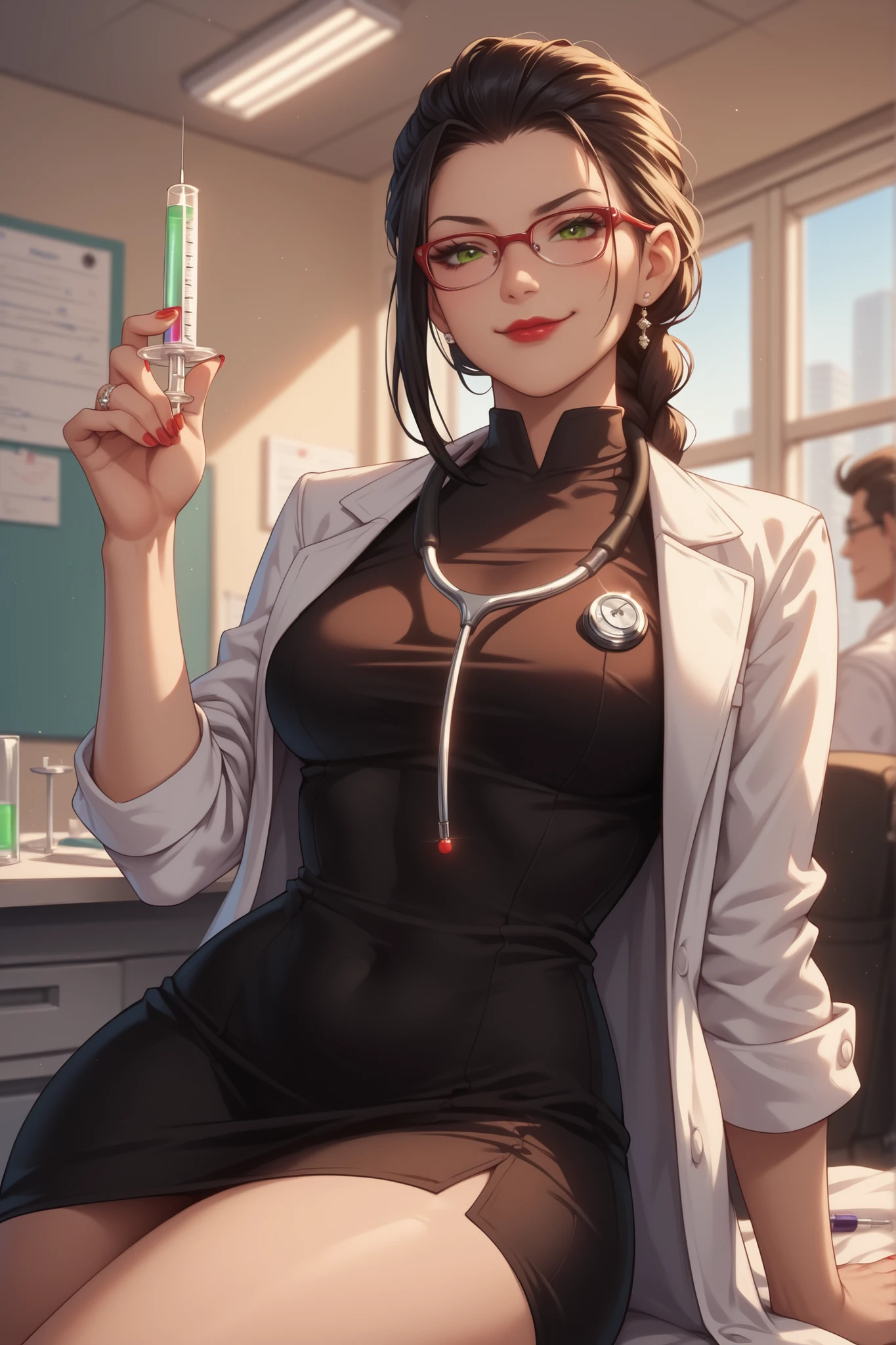 black hair, glasses, braided hair, long hair, green eyes, red lips, asian woman, asian features, black dress, tight dress, doctor coat, white lab coat, doctor's office, standing, red nails, wide , A cup, smirk, closed mouth, stethoscope, five fingers on each hand, perfect hands, thick thighs, sitting, wedding ring, syringe, syringe in hand,