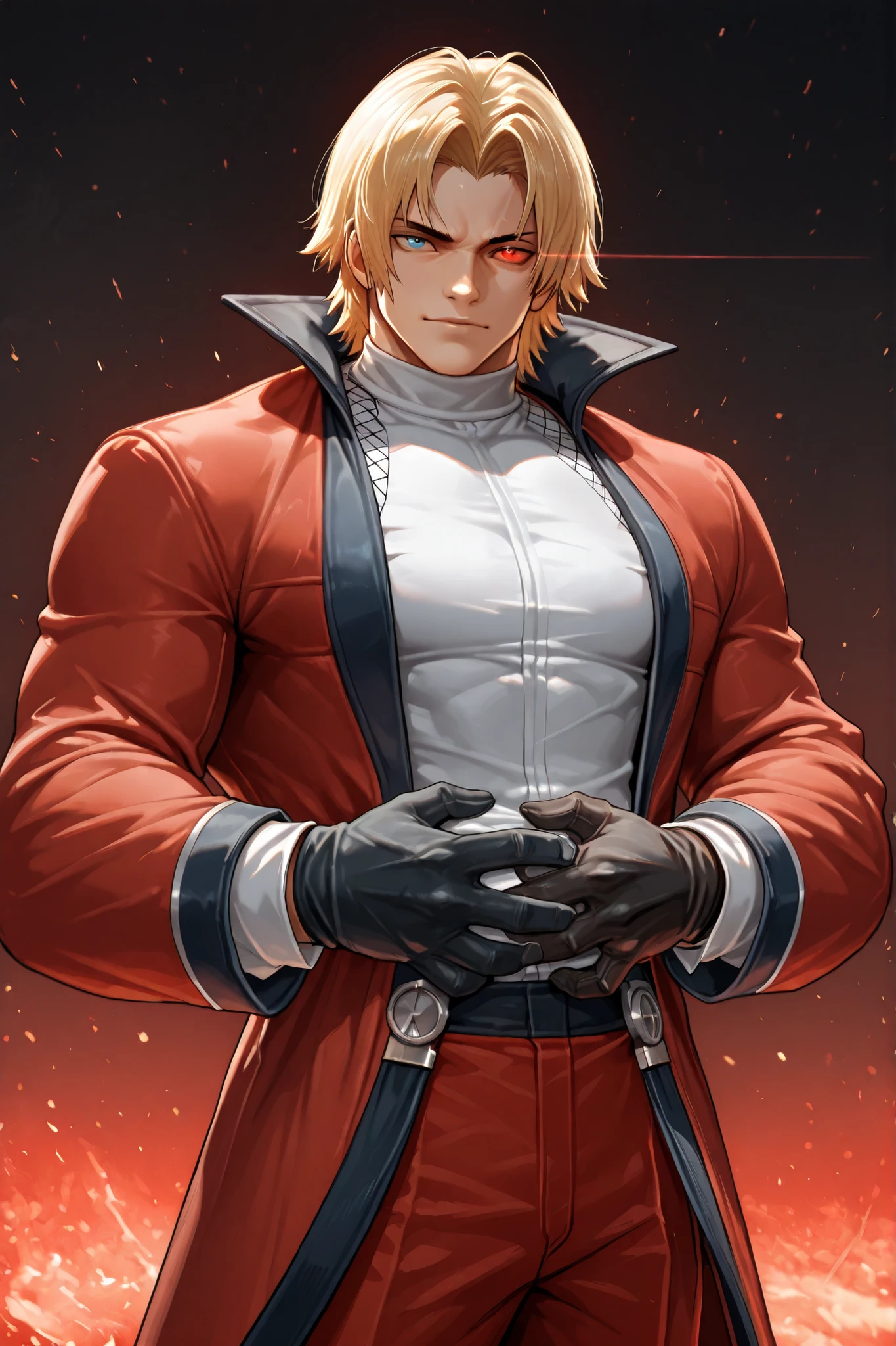 masterpiece, best quality, amazing quality, RugalIL, 1boy, solo, male focus, mature male, blue eyes, red eyes, heterochromia, short hair, blonde hair, glowing eye, muscular, white shirt, black gloves, red pants, red coat, red jacket, young man
