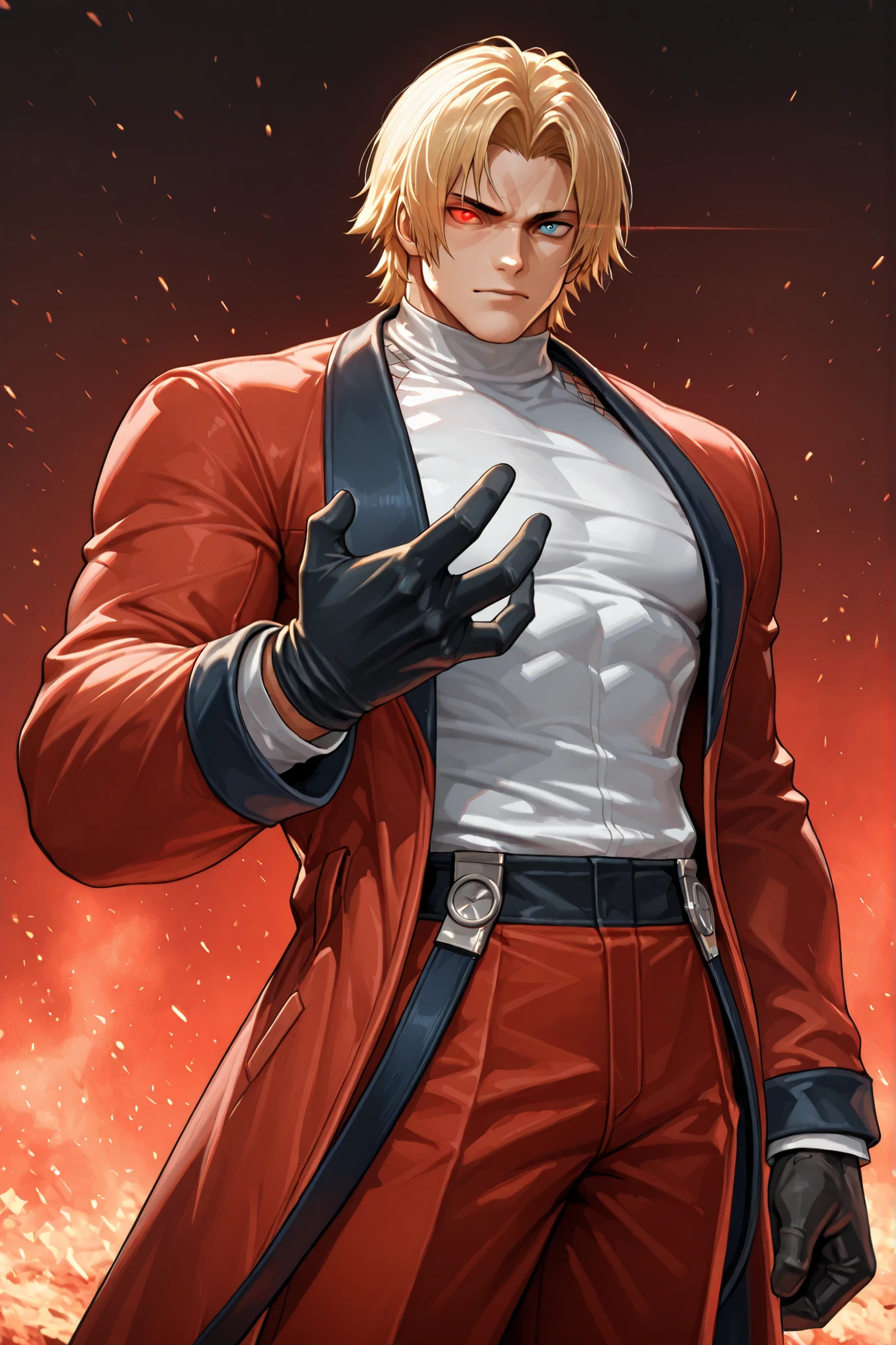masterpiece, best quality, amazing quality, RugalIL, 1boy, solo, male focus, mature male, blue eyes, red eyes, heterochromia, short hair, blonde hair, glowing eye, muscular, white shirt, black gloves, red pants, red coat, red jacket, young man