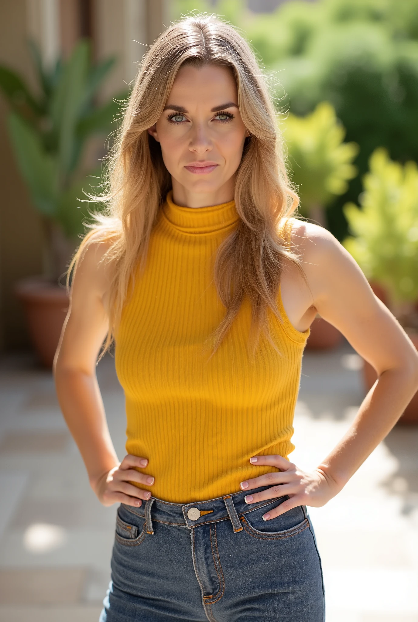 realistic full-body portrait, ultra-detailed 8k, elegant dominant woman in late 40s, mature beauty with smooth skin and subtle fine lines, professional makeup: bronze eyeshadow, defined brows, natural pink lips, harsh strict expression with piercing gaze, cold intimidating eye contact, powerful aura, arched eyebrows, shoulder-length golden blonde hair with sun-kissed highlights, off-center part, left tucked behind ear, right framing face, sleeveless ribbed yellow high-neck top, high-waisted form-fitting jeans, leaning forward, invading viewer's space, upright commanding posture, squared shoulders, legs slightly apart, hands firmly on , assertive stance, visual focus on pelvis and thighs, direct confrontation, terrace with stone floor and potted plants, blurred greenery, soft golden sunlight, dramatic contrast, atmosphere of authority and control, realistic photography