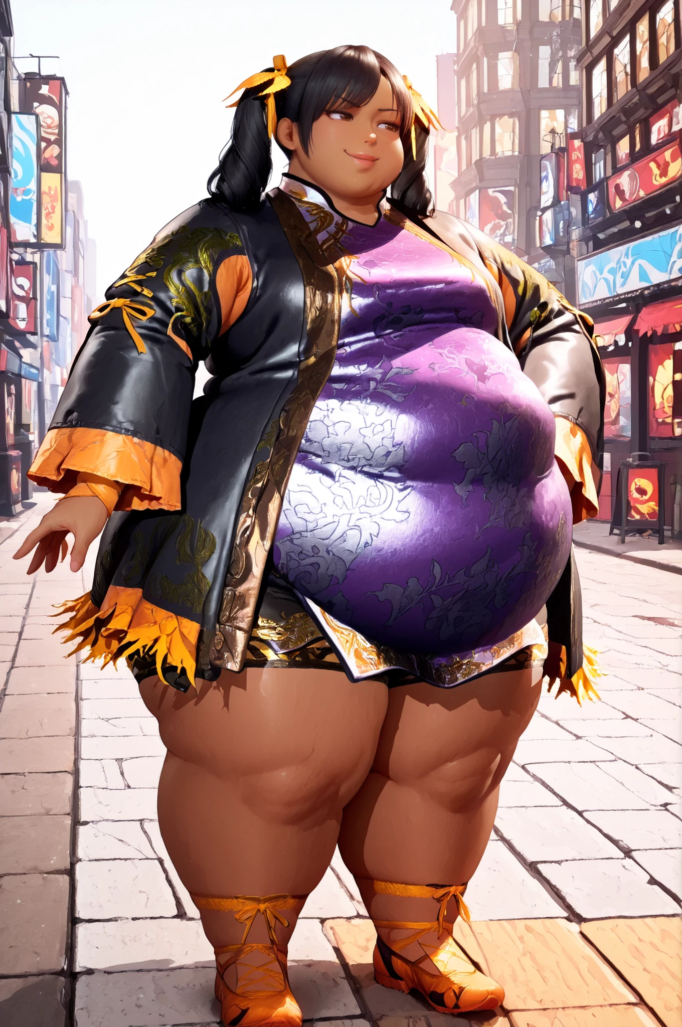 masterpiece, best quality,1girl, solo,Ling Xiaoyu,,black  hair, twin tails, brown eyes, lips, dark skin, Asian, shirt, long sleeves, hair ornament, ribbon, hair ribbon, open clothes, shorts, open jacket, black jacket, black shorts, Chinese clothes, short dress, bike shorts, China dress, yellow ribbon, purple dress, smug, full body, outdoors, streets, obese, vore belly