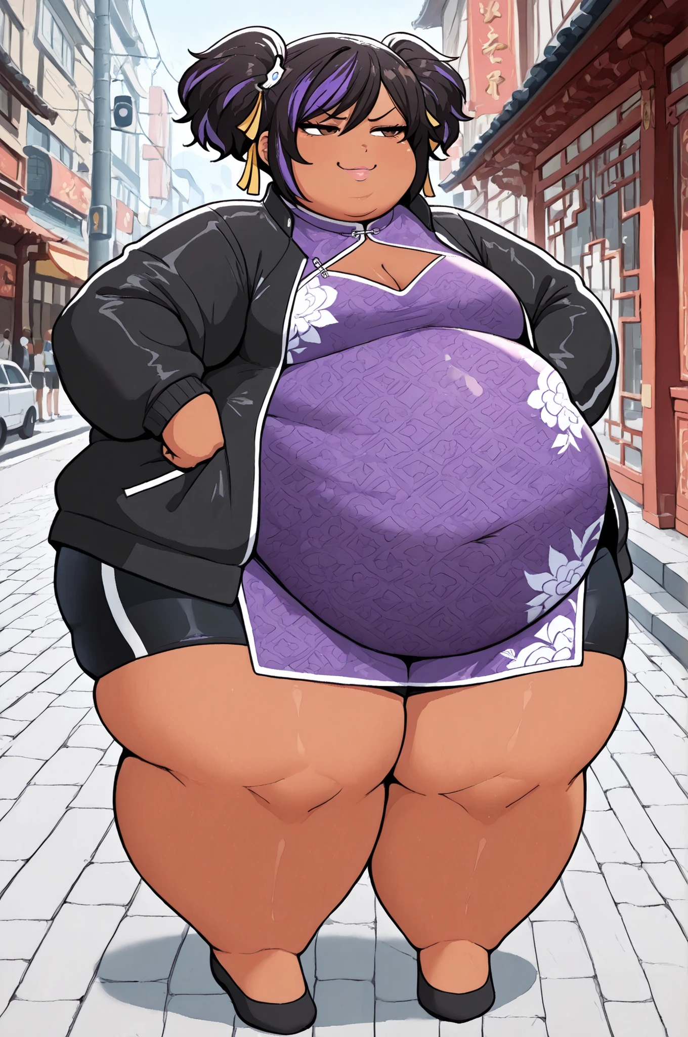 masterpiece, best quality,1girl, solo,gogo tomago,,multicolored hair hair, twin tails, brown eyes, lips, dark skin, Asian, shirt, long sleeves, hair ornament, ribbon, hair ribbon, open clothes, shorts, open jacket, black jacket, black shorts, Chinese clothes, short dress, bike shorts, China dress, yellow ribbon, purple dress, smug, full body, outdoors, streets, obese, vore belly