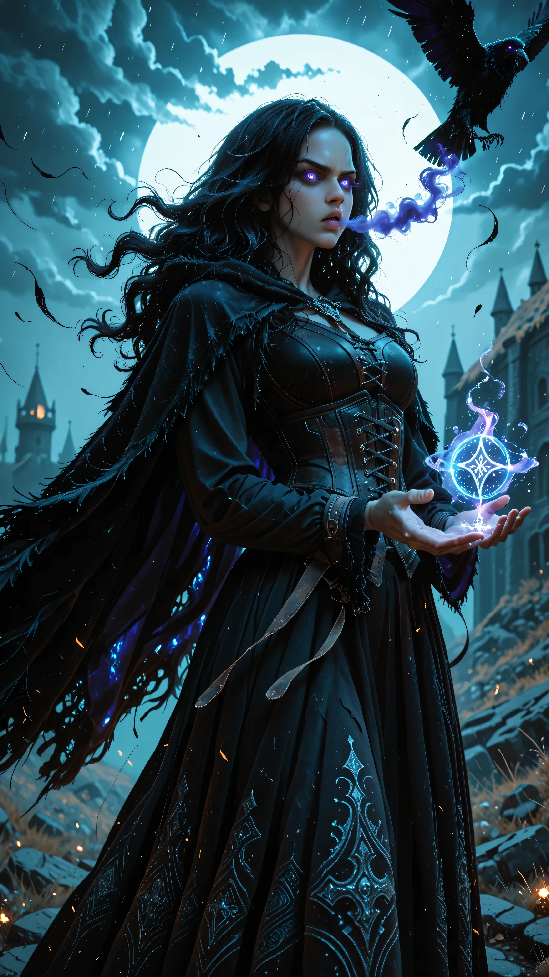 The palette is dominated by dark tones. The texture is pronounced, with brushstrokes and traces of paint visible, imitating the process of painting using multi-layered tones. The composition is centered around the figures, and the background flows smoothly in color and tone. The style is abstract, almost sculptural. The style is abstract, almost sculptural. Free, gestural brushstrokes create a sense of movement and action. The muted color palette includes subtle variations in tone. The sense of depth is achieved through different densities of brushstrokes. The light source is diffused, giving the image a slightly cool and mysterious shade. The style of painting is reminiscent of abstract realism and expressionism.
1girl, yennefer of vengerberg, sorceress, violet glowing eyes, black wavy hair blowing in wind, stormy night sky, arcane magic swirling around hands, glowing runes, raven flying, dramatic cape, gothic fantasy, powerful stance, elegant black leather corset, long skirt, high fantasy, the witcher lore, angry