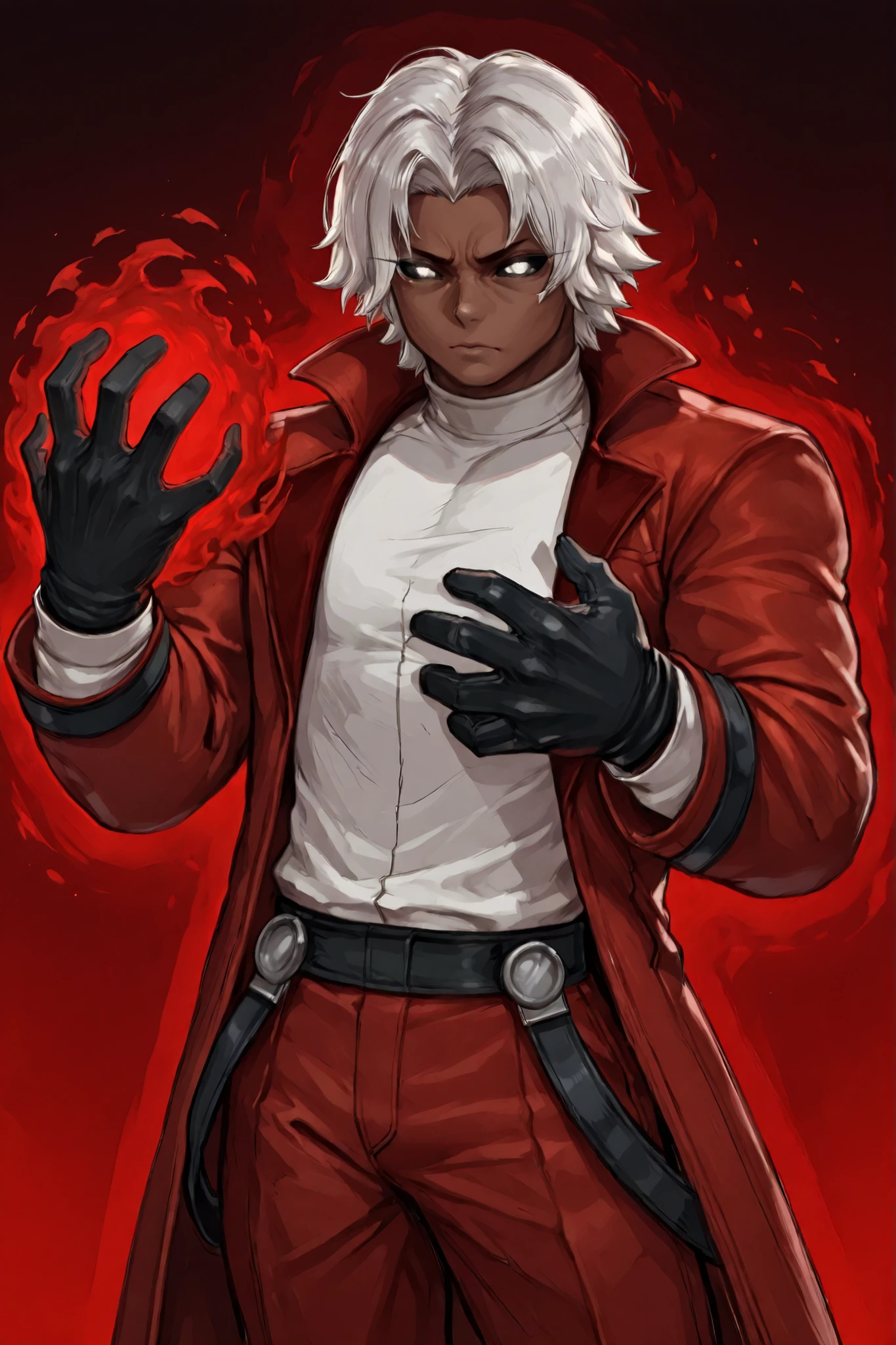 masterpiece, best quality, amazing quality, RugalIL, 1boy, solo, male focus, mature male, white eyes, full white sclera short hair, white hair, glowing eyes, muscular, white shirt, black gloves, red pants, red coat, red jacket, young man, dark skin, a red glowing hand
