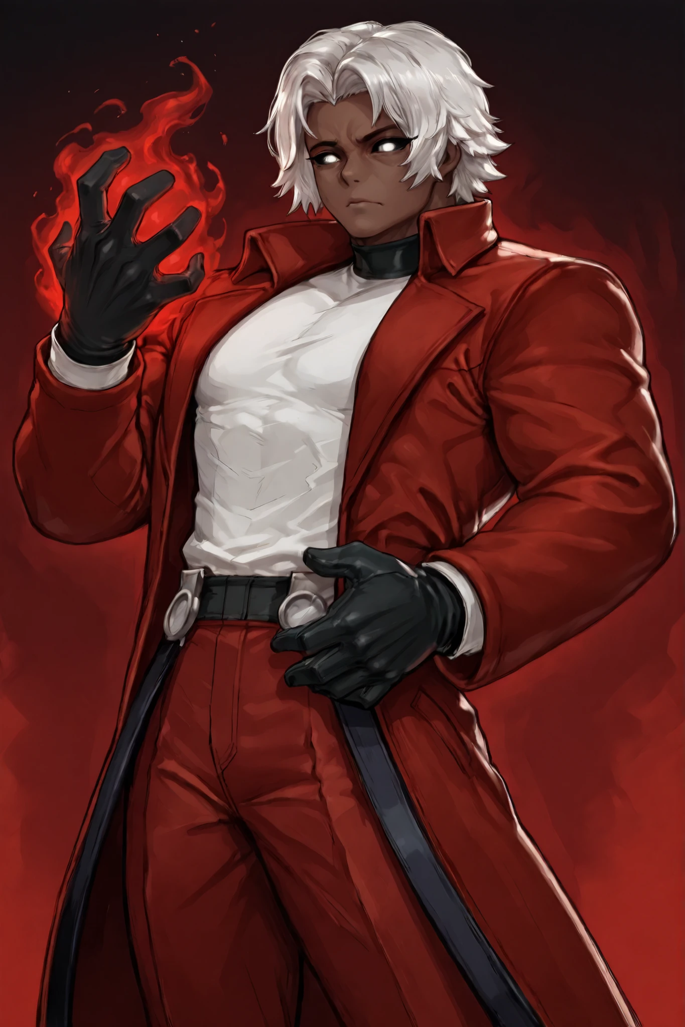 masterpiece, best quality, amazing quality, RugalIL, 1boy, solo, male focus, mature male, white eyes, full white sclera short hair, white hair, glowing eyes, muscular, white shirt, black gloves, red pants, red coat, red jacket, young man, dark skin, a red glowing hand
