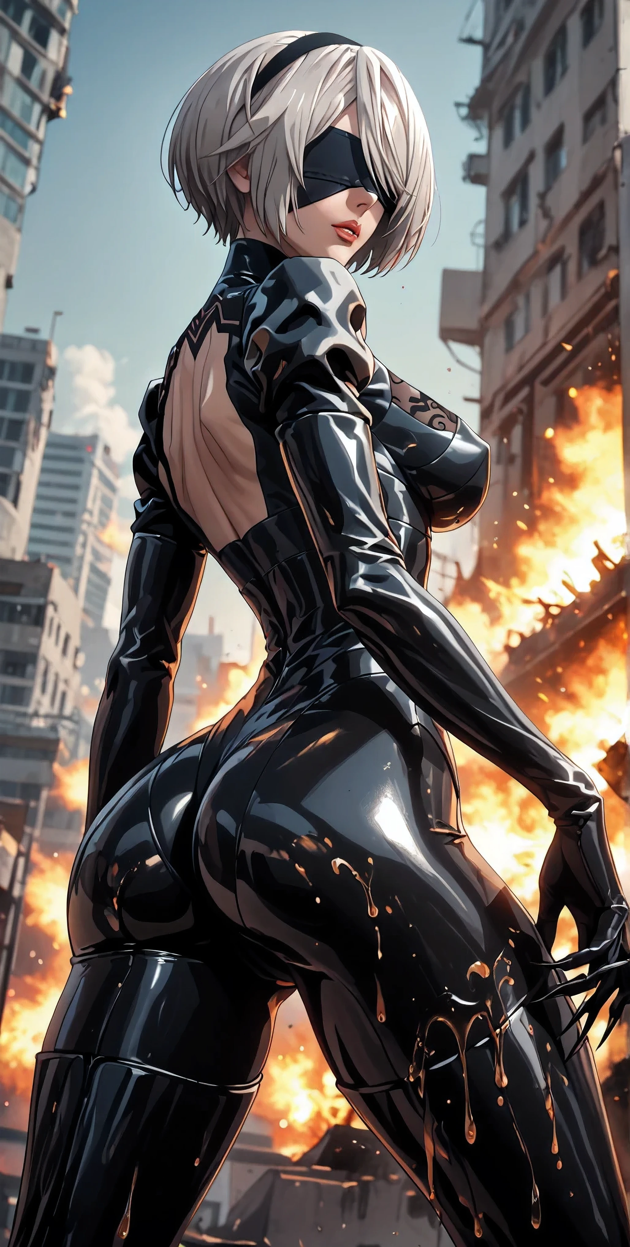 score_9,score_8_up,score_7_up, score_6_up, score_5_up,source_anime, full body, boudoir, sfw, arcane liquid fluid, sexy, alluring, erotic, silver liquid metallic an explosion of Liquid Metal, dystopian decaying city, metallic paint twisting into a beautiful interpretation of 2b, yorha no. 2 type b, short hair, silver hair, black hairband, mole, black hairband, blindfold, covered eyes, black blindfold, furrowed eyebrows, very silver hair, undercut hair, one side of hair shaved, female, black virgin bodysuit, busty, curvy hips, form fitting, seductive, curvaceous, (fake breasts), black bra and panties, curvy ass, thick thighs, black garterbelt, dutch angle tilt, looking at viewer, legs spread wide open, aroused, black bodysuit, dynamic angle, three-quarters view), (solo), long claws, rear view