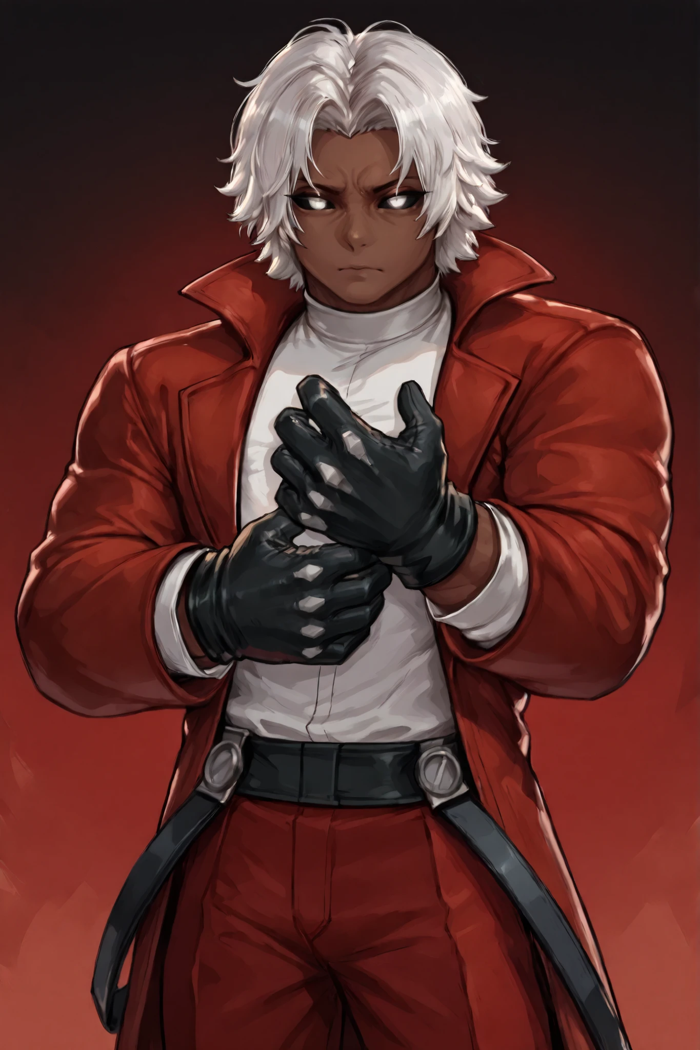 masterpiece, best quality, amazing quality, RugalIL, 1boy, solo, male focus, mature male, white eyes, full white sclera short hair, white hair, glowing eyes, muscular, white shirt, black gloves, red pants, red coat, red jacket, young man, dark skin, a red shiny glove:1.8
