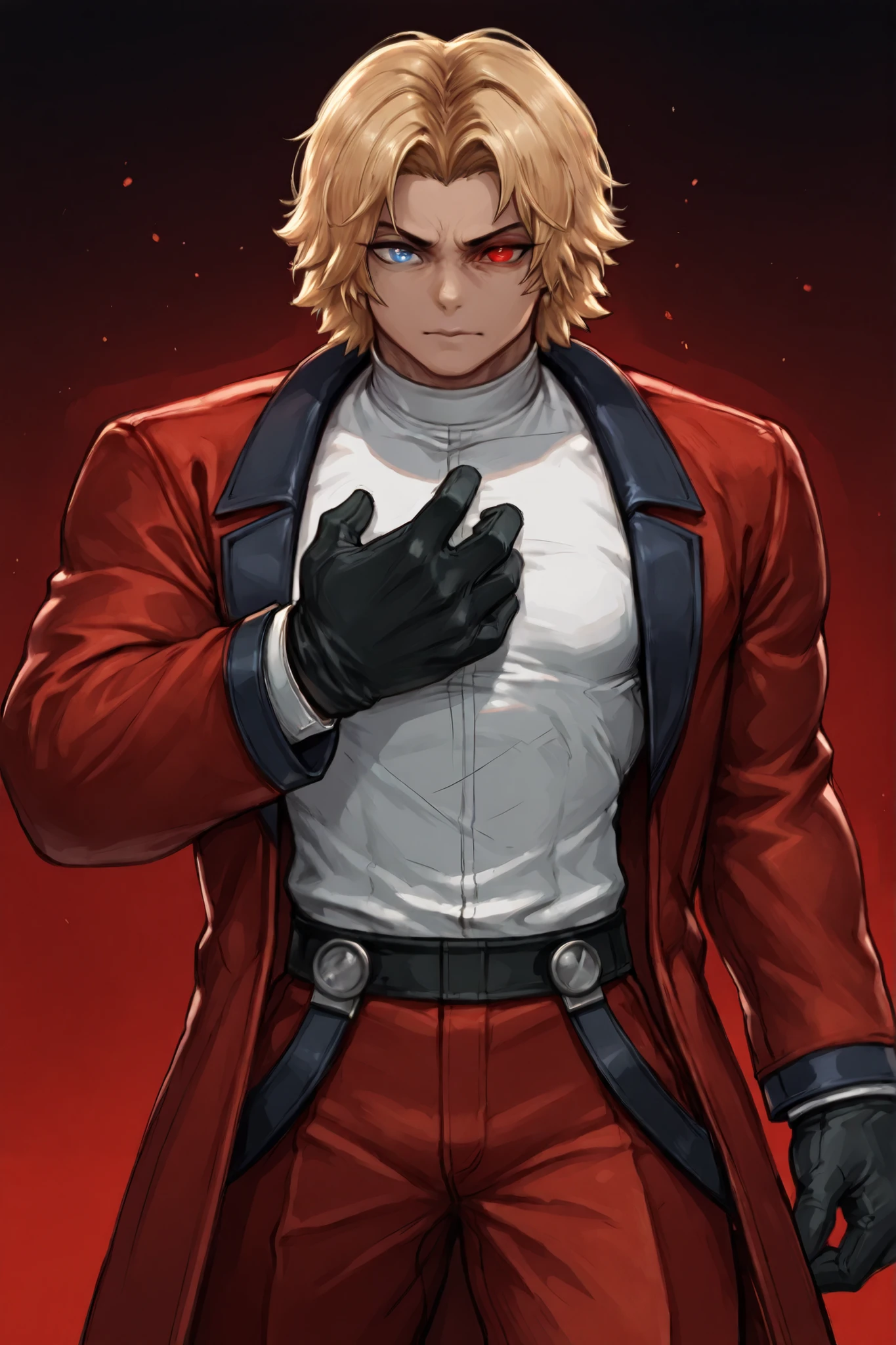 masterpiece, best quality, amazing quality, RugalIL, 1boy, solo, male focus, mature male, red eyes, blue eyes, heterochromia, short hair, blonde hair, glowing eyes, muscular, white shirt, black gloves, red pants, red coat, red jacket, young man
