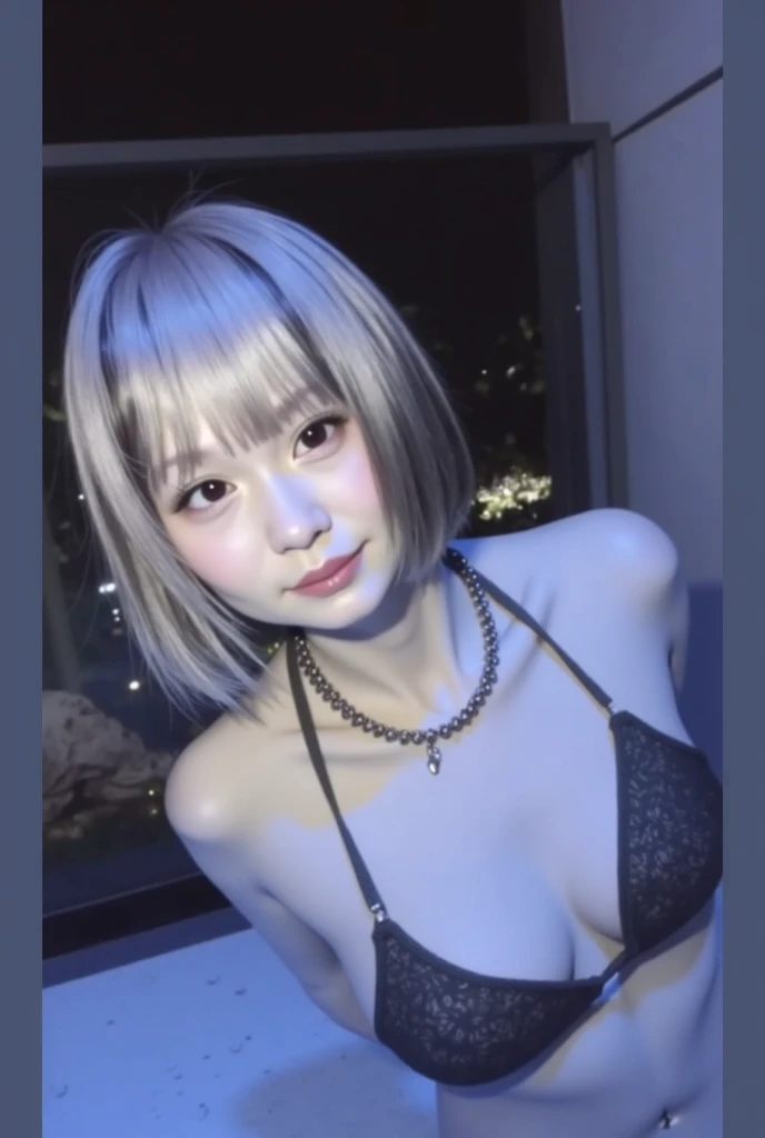 smile,(()),(Best Quality:1.2), Female dog,(Female organ:1.1),8k, Raw photo, Beautiful  woman, Cute beautiful girl,((Her  lower body is visible、股間のFemale organが見えている:1.3))、((Small :1.5))、((Short bob cut silver hair:1.5))、Blue LED light、 Cleavage、White skin、high tech、Ultra-high resolution、Night scene background、Beautiful Face、Professional Lighting、masterpiece、Very detailed and beautiful professional photography、Thighs、Waist、Angle from below