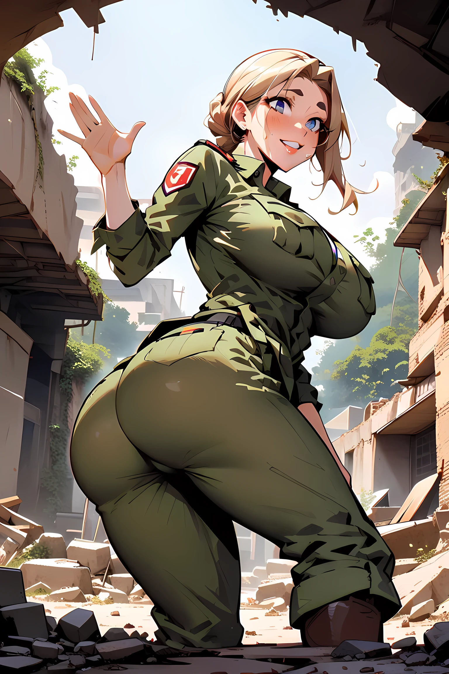 score_9_up,score_8_up,score_7_up,score_6_up,score_5_up,score_4_up,(((1 girl))),(((solo))),(pekomama),(((milf))), thick eyebrows, droopy eyes,(sexy lips),(((mature female))),(((open eyes))),big breasts,big ass,(((camouflage uniform ))),(((military pants))),(((military boots))),(((surprised ))),(sweat),((stylish pose )),(((looking at air))),outdoor ,in the ruins ,(((jnglruins:1.5))),at noon,full body shot,angle from below,