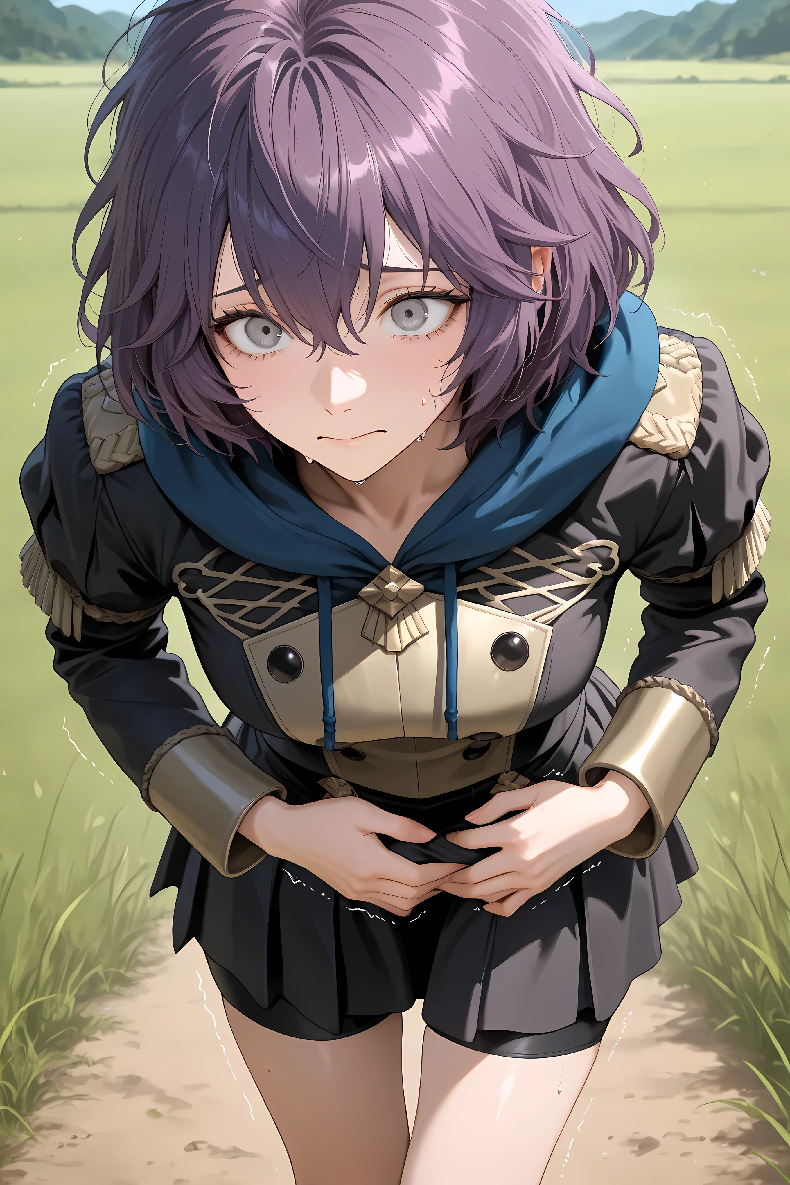dfbndta, purple hair, messy hair, hair between eyes, grey eyes, black jacket, blue hood, hood down, black buttons, black skirt, shorts under skirt, general, masterpiece, highres, ultra-detailed, hyper-detailed, best quality, amazing quality, very aesthetic, best hands, best eyes, best hand, half body shot,
adult woman, 1woman, hand on own stomach, hand clutching stomach, sweat, leaning forward, nervous, scared, trembling legs, Vast barren grassfield,