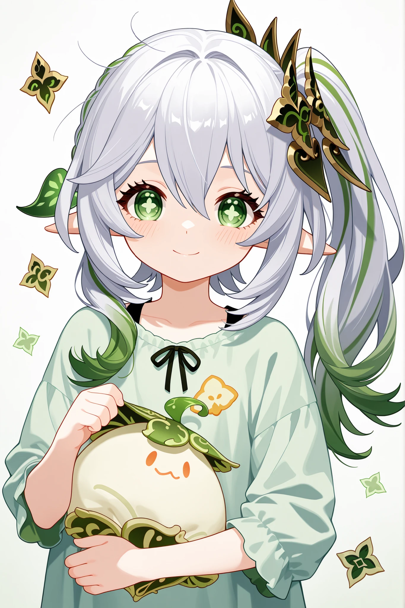 nahida, my nahida, genshin,Shy, smiling, messy hair, casual clothes