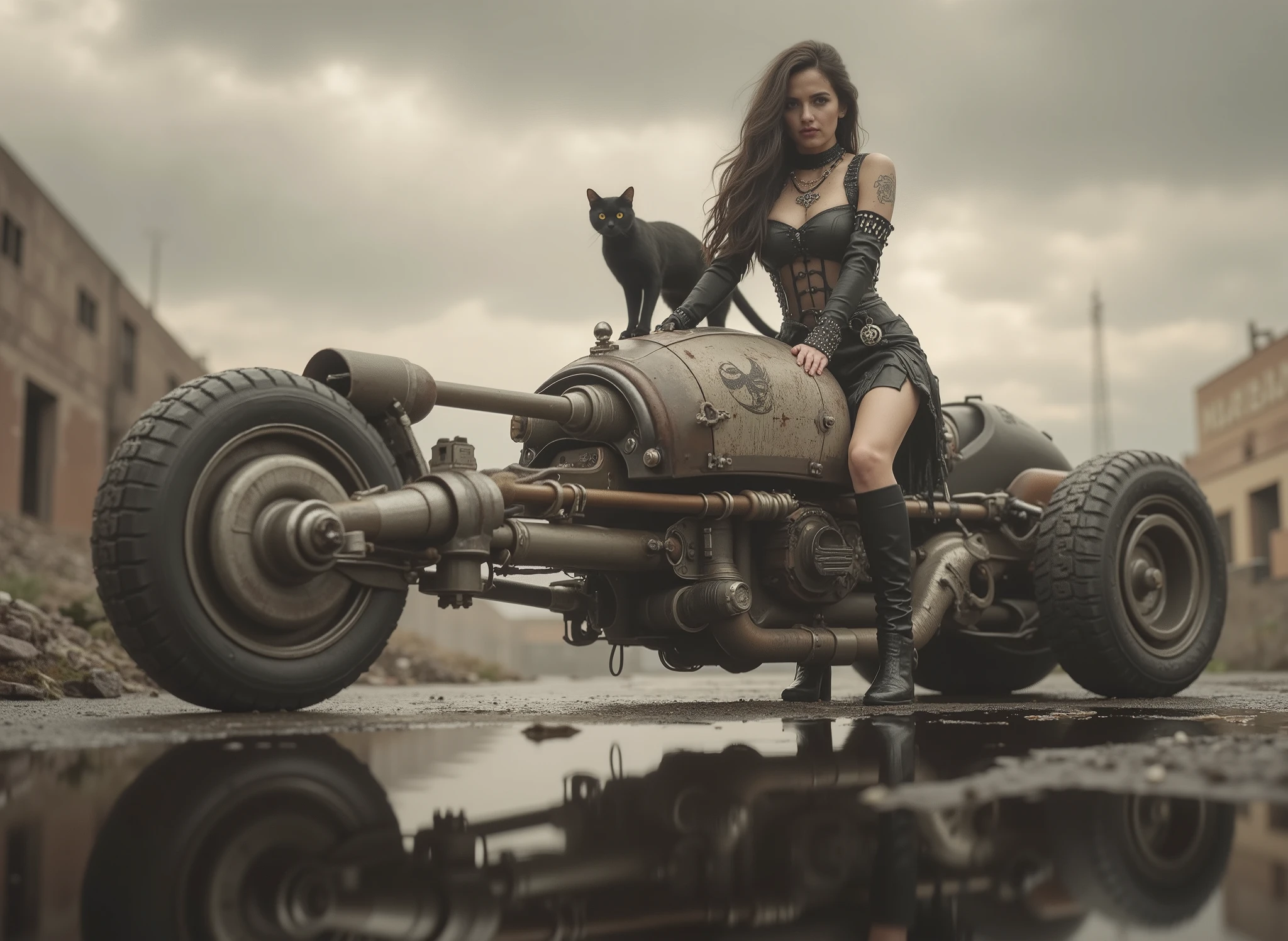 The image shows a desolate scenario with a Renegade Princess with her black cat on a uniquely designed motorcycle that embodies a steampunk or post-apocalyptic aesthetic. The motorcycle is sturdy, has only 2 sturdy all-terrain wheels, with a mix of exposed mechanical components, are evident such as large barrels and intricate pipes,  with a worn palette of rusty colors and graffiti that hint at its robust durability. the renegade princess, dressed in a striking black gothic dress with corset, straps and chains as well as punk jewelry and industrial calf-length boots, radiates confidence with her miniskirt next to her on the bike she has a black cat. Her outfit suggests a rebellious and daring style wearing lots of punk silver jewelry and showing off her Aztec tattoos, to complement the intense environment. The dark, desolate and deserted industrial background,  which contrasts with the elegance of the motorcycle. The ground is wet, possibly due to the recent rain, that reflects light weight and that contributes to changing environment of the scene. Elements of dirt and decay are evident, but the composition retains a sense of dynamic action and adventure. Add a black cat on the bike. Change the angle of the camera