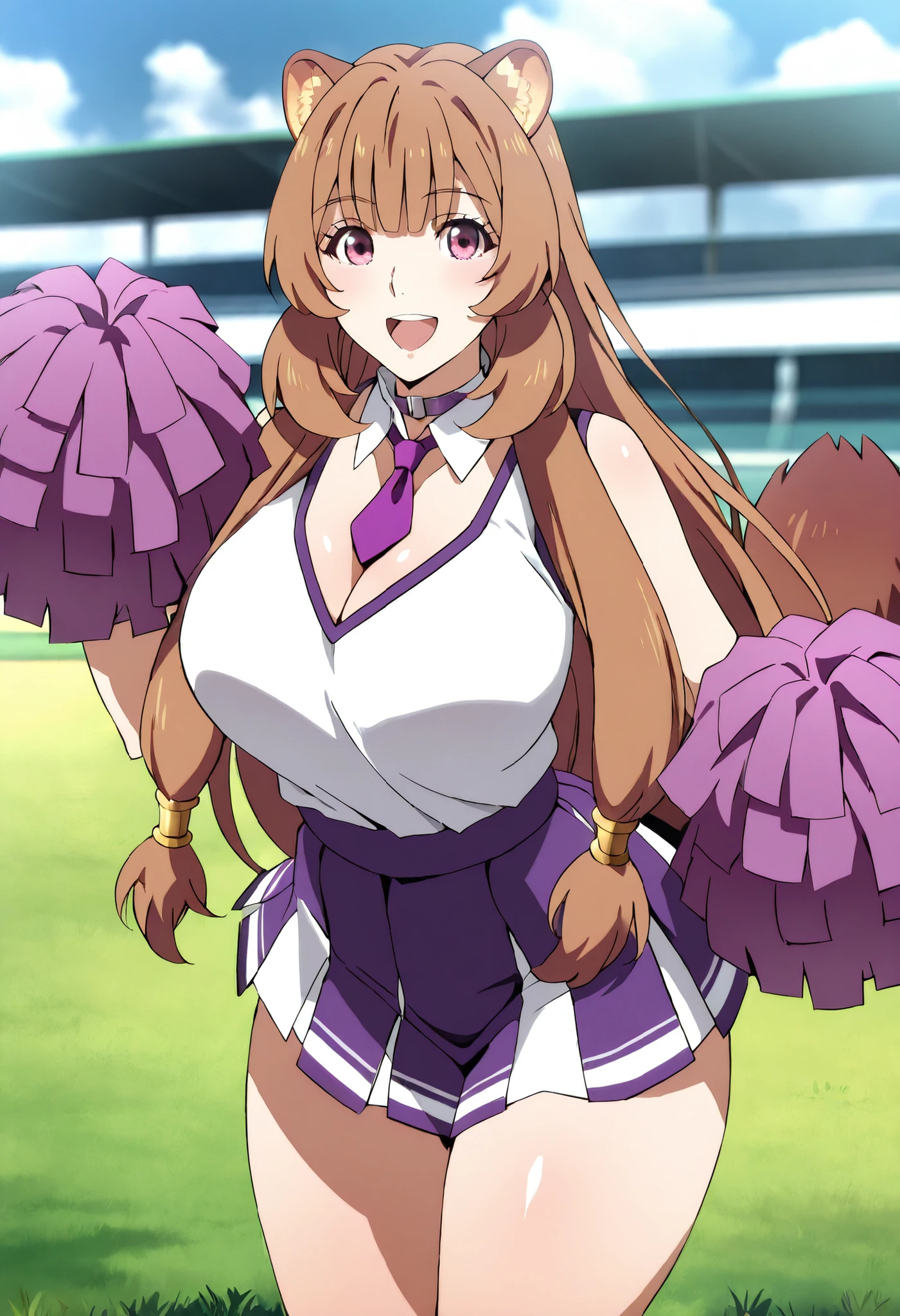 (best quality, masterpiece, ultra detailed, high resolution), Beautiful , tall, score_9, anime style, Masterpiece, best quality, 1girl, purple necktie, solo, 1girl, Raphtalia, tny-raphtalia, raccoon ears, raccoon tail, Brown hair, Pink Eyes, ,, , ,, purple choker, detached collar, cleavage, thick thighs, look at viewer, smiling, shoulders, purple gloves, , purple necktie, purple pom-pom, two-tone shirt , white shirt , cheerleader costume, cheerleader , , midriff, shirt tucked in, crop top, oudoors, lawn background, grass, , :D, happy, holding, purple pom-pom