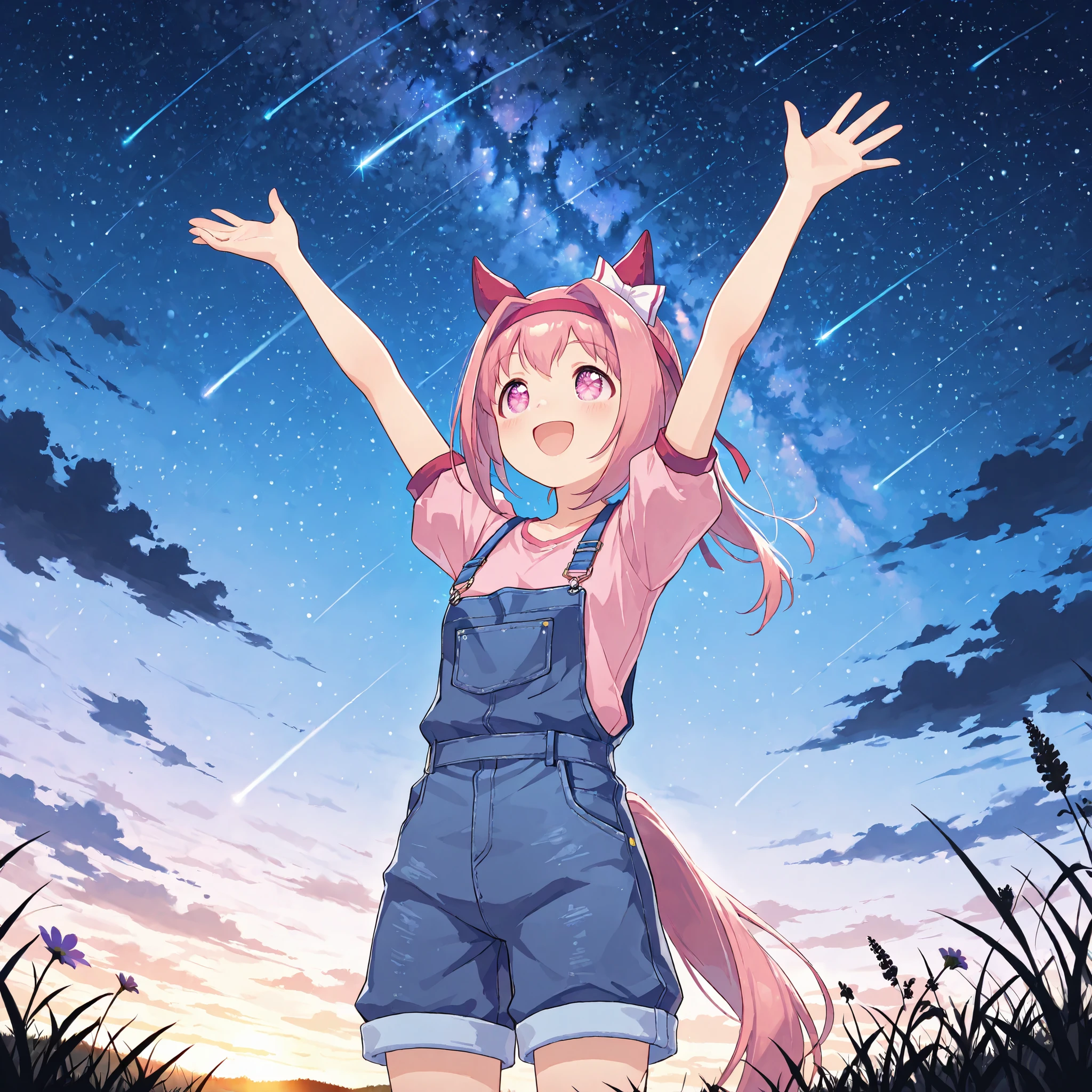 ,ultra_detailed,masterpiece,best quality,high resolution,anime-style illustration,1 girl ,solo,from below,three quarter view,farm,outdoors,cinematic lighting,starry night,shooting star,shooting star with sparkling trail,tiny bright sparkles,maltiple glowing meteors,highly detailed starscape,grassy water reflections,ethereal fog,vapor,high contrast cosmic void, BREAK, haru urara, ponytail, hair bow, white bow, headband, animal ears, horse ears, horse girl, ear covers, symbol in eye, flower in eye, horse tail pink hair, pink eyes, hair between eyes, small breasts, blue overalls, overalls, pink shirt, puffy short sleeves, puffy sleeves, shirt, short sleeves,facing up at the sky,looking afar,happy,smile,open mouth,arms up,outstretched arms ,open hands,dreamy atmosphere