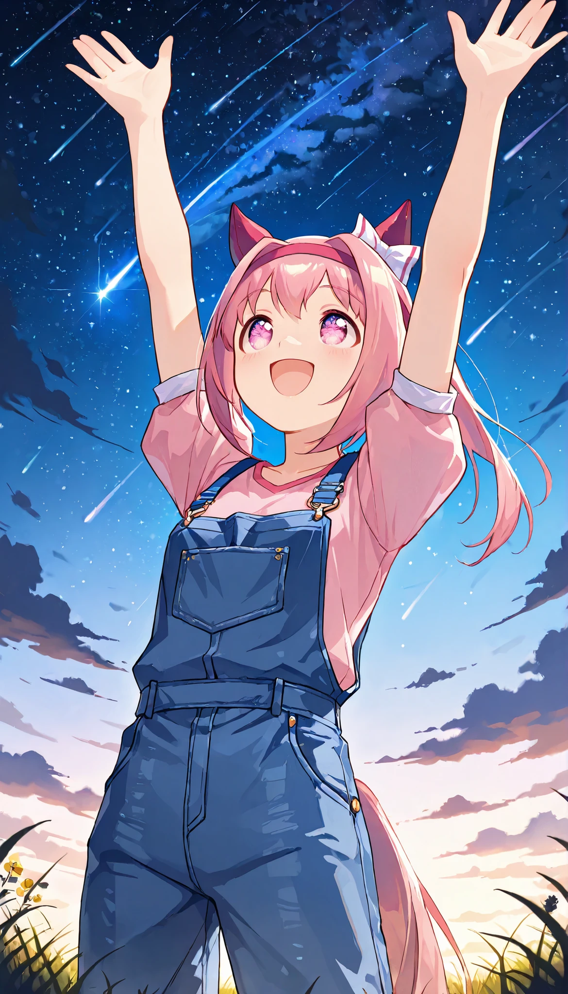 ,ultra_detailed,masterpiece,best quality,high resolution,anime-style illustration,1 girl ,solo,from below,three quarter view,farm,outdoors,cinematic lighting,starry night,shooting star,shooting star with sparkling trail,tiny bright sparkles,maltiple glowing meteors,highly detailed starscape,grassy water reflections,ethereal fog,vapor,high contrast cosmic void, BREAK, haru urara, ponytail, hair bow, white bow, headband, animal ears, horse ears, horse girl, ear covers, symbol in eye, flower in eye, horse tail pink hair, pink eyes, hair between eyes, small breasts, blue overalls, overalls, pink shirt, puffy short sleeves, puffy sleeves, shirt, short sleeves,facing up at the sky,looking afar,happy,smile,open mouth,arms up,outstretched arms ,open hands,dreamy atmosphere