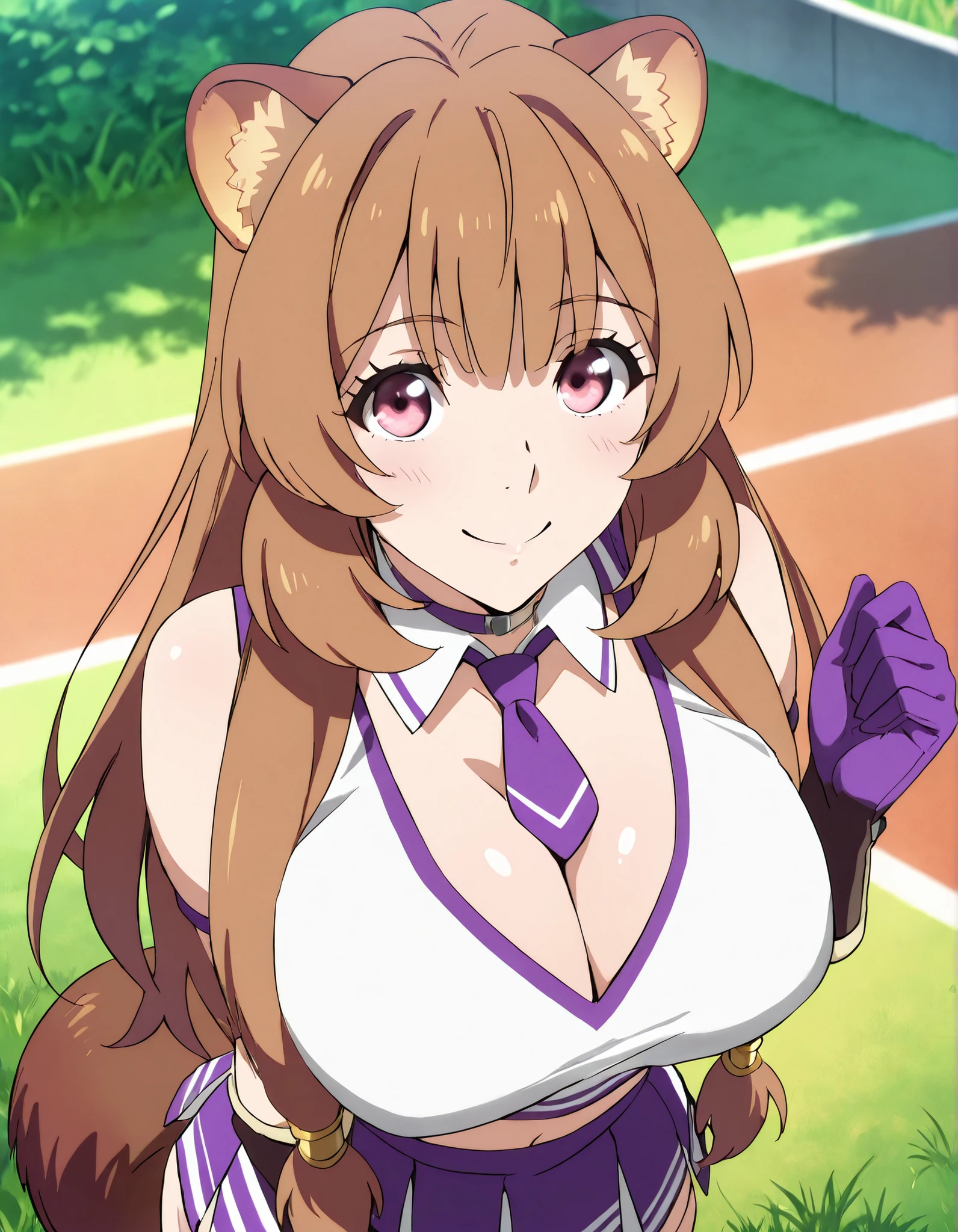 (best quality, masterpiece, ultra detailed, high resolution), Beautiful , tall, score_9, anime style, Masterpiece, best quality, 1girl, purple necktie, solo, 1girl, Raphtalia, tny-raphtalia, raccoon ears, raccoon tail, Brown hair, Pink Eyes, ,, , ,, purple choker, detached collar, cleavage, thick thighs, look at viewer, smiling, shoulders, purple gloves, , purple necktie, purple pom-pom, two-tone shirt , white shirt , cheerleader costume, cheerleader , , midriff, shirt tucked in, crop top, oudoors, lawn background, grass, , happy, from above, focus on face,