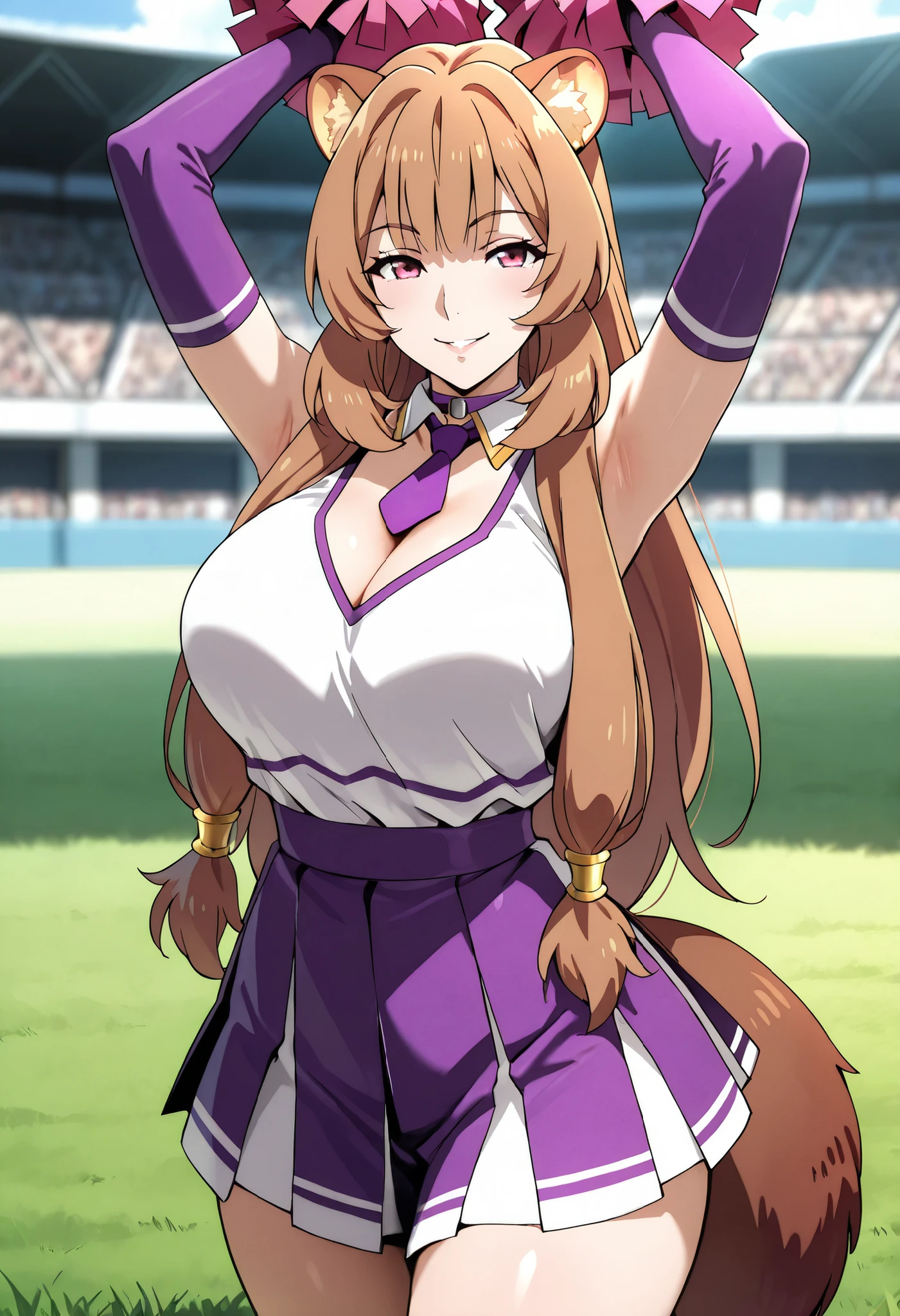 (best quality, masterpiece, ultra detailed, high resolution), Beautiful , tall, score_9, anime style, Masterpiece, best quality, 1girl, purple necktie, solo, 1girl, Raphtalia, tny-raphtalia, raccoon ears, raccoon tail, Brown hair, Pink Eyes, ,, , ,, purple choker, detached collar, cleavage, thick thighs, look at viewer, smiling, shoulders, purple gloves, , purple necktie, purple pom-pom, two-tone shirt , white shirt , cheerleader costume, cheerleader , , midriff, shirt tucked in, crop top, oudoors, lawn background, grass, , arms up , armpits, parted lips, half opened eyes, eyes,