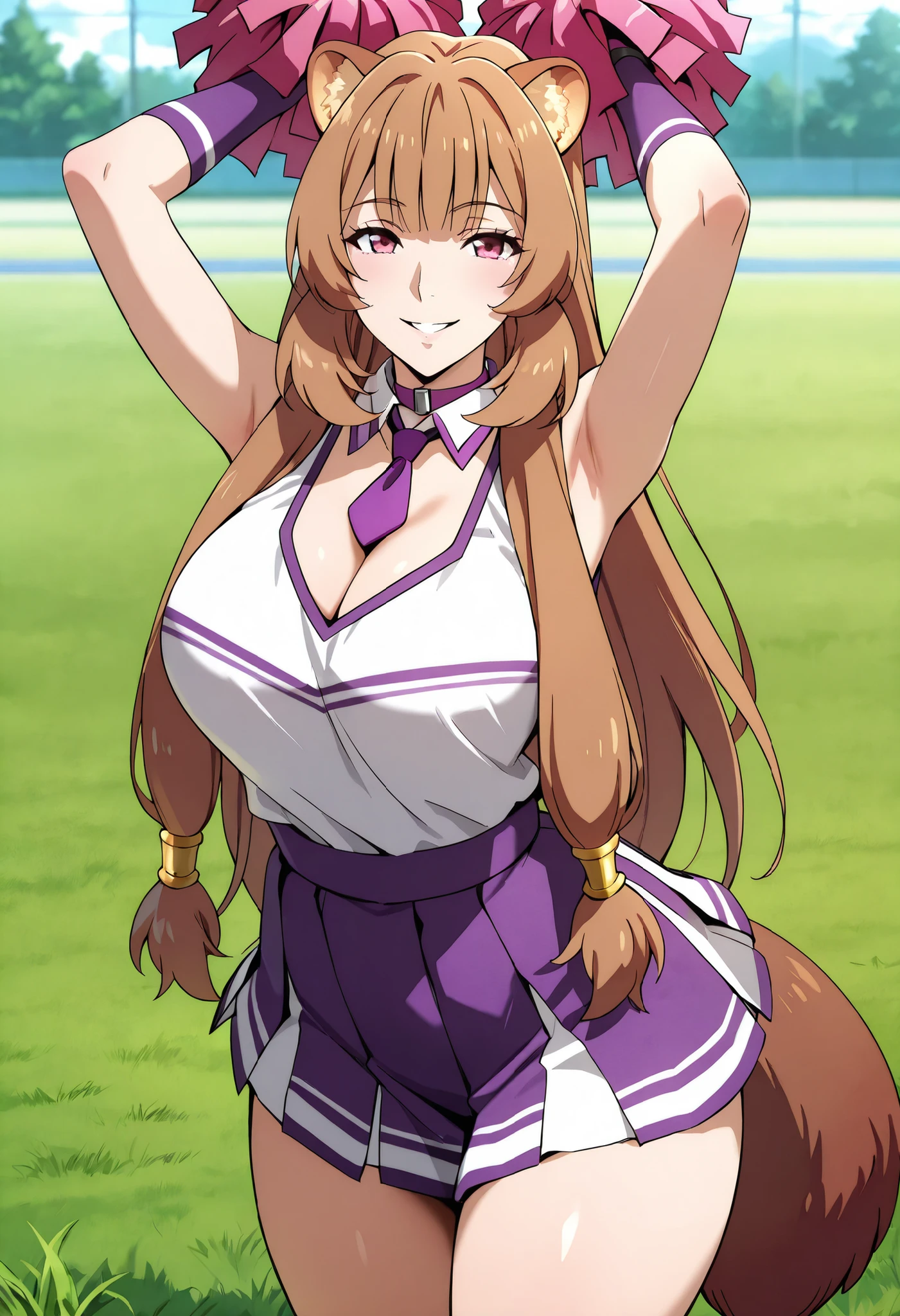 (best quality, masterpiece, ultra detailed, high resolution), Beautiful , tall, score_9, anime style, Masterpiece, best quality, 1girl, purple necktie, solo, 1girl, Raphtalia, tny-raphtalia, raccoon ears, raccoon tail, Brown hair, Pink Eyes, ,, , ,, purple choker, detached collar, cleavage, thick thighs, look at viewer, smiling, shoulders, purple gloves, , purple necktie, purple pom-pom, two-tone shirt , white shirt , cheerleader costume, cheerleader , , midriff, shirt tucked in, crop top, oudoors, lawn background, grass, , arms up , armpits, parted lips, half opened eyes, eyes,