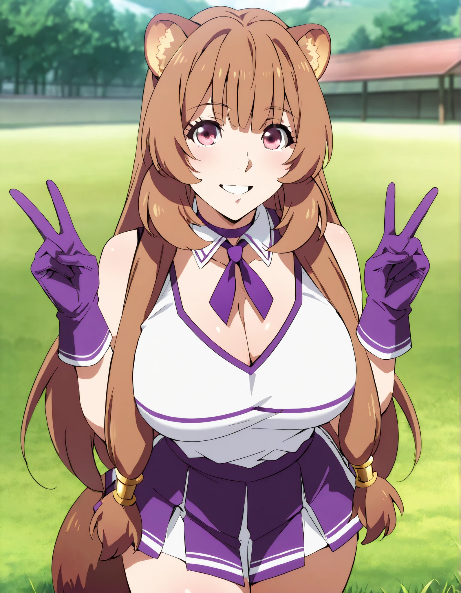 (best quality, masterpiece, ultra detailed, high resolution), Beautiful , tall, score_9, anime style, Masterpiece, best quality, 1girl, purple necktie, solo, 1girl, Raphtalia, tny-raphtalia, raccoon ears, raccoon tail, Brown hair, Pink Eyes, ,, , ,, purple choker, detached collar, cleavage, thick thighs, look at viewer, smiling, shoulders, purple gloves, , purple necktie, purple pom-pom, two-tone shirt , white shirt , cheerleader costume, cheerleader , , midriff, shirt tucked in, crop top, oudoors, lawn background, grass, , happy, wink one eye, parted lips, double V gesture