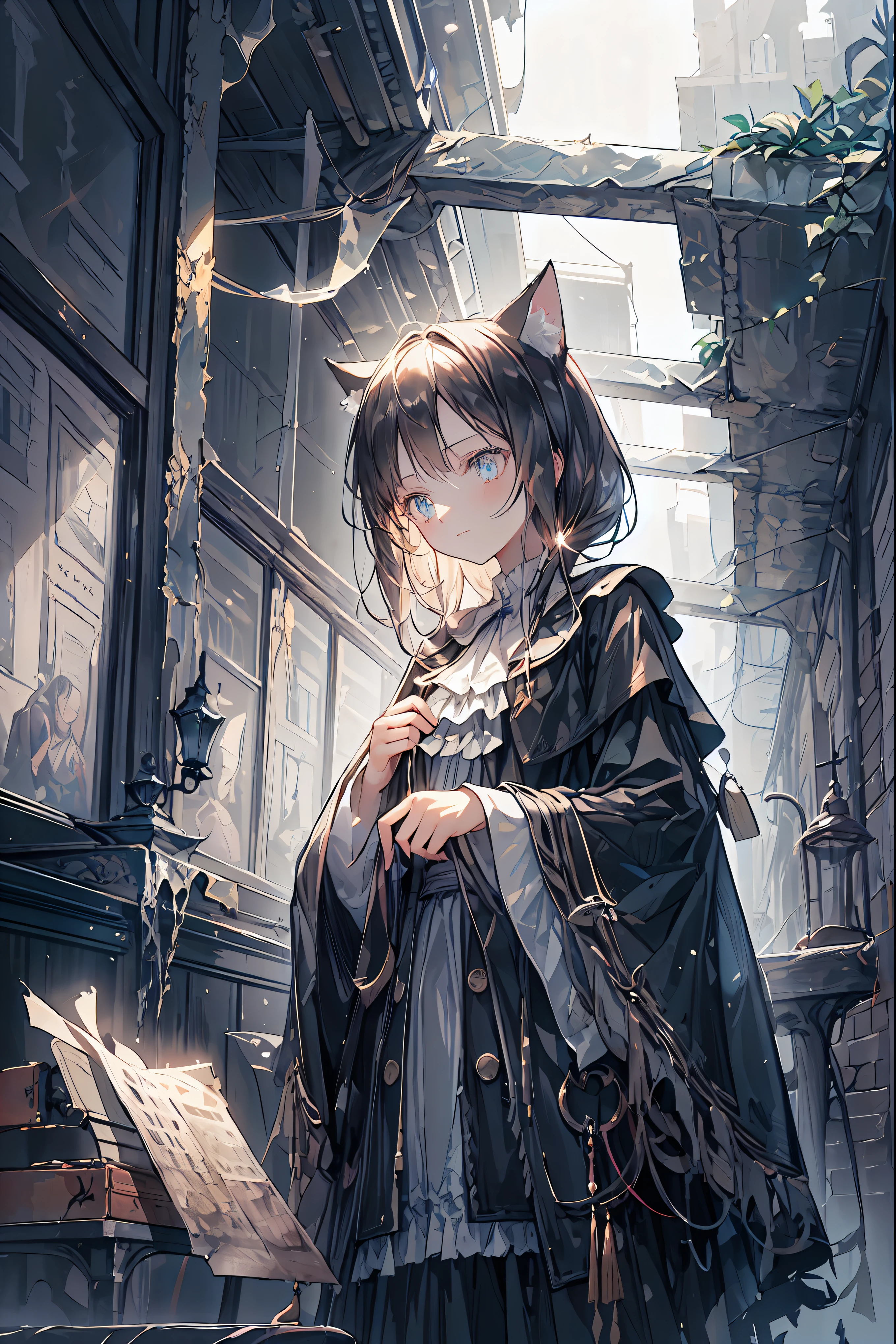 ((masterpiece)), ((Highest Quality)), ((Highest Quality)), ((super detailed)), ((8k CG wallpaper)), ((非常にThinningで美しい)), ((figure)), (high resolution),dark haired,Shortcut,unkempt hair,Short braided hair,Neat,slender beauty,correct posture,small breasted,Beautiful legs,Her enchanting gray-blue eyes with decayed books shine like stars,Saggy Eyes,bright colors,beautiful eyes,Cat ears,Thinning,Sad Smile,sad,Textured Skin,best quality,gentle and beautiful woman,anime style、bust shot,Explore ruins,Stepping Into Decayed Remains、The huge tower is visible,The turbulent tower,roof is peeling,Holding a decayed book,scattered rubble with decayed books,meteor、空から降り注ぐmeteor、無数のmeteor群,What You See Is a Desolate Interior,dark atmosphere,Abandoned Buildings,slanted wall ,broken glass,Overgrown Plants, doodle,Decayed Furniture ,Traces of a Nostalgic Past, Spooky Shadows , sex,Dusty Floors,Rusted Metal,hopeless atmosphere,High Ceilings,Cracked Tiles,A Space Where Silence Reigns,Walls That Make You Feel Time,Traces of Lost Time,Mysterious Charm,Realistic,4K hi-res,Extreme precision,Professional Illustration,REALISTIC TEXTURE,Battle for Survival,Dark Fantasy,Cinematic Lighting,Dramatic Angles, Golden Hour Lighting