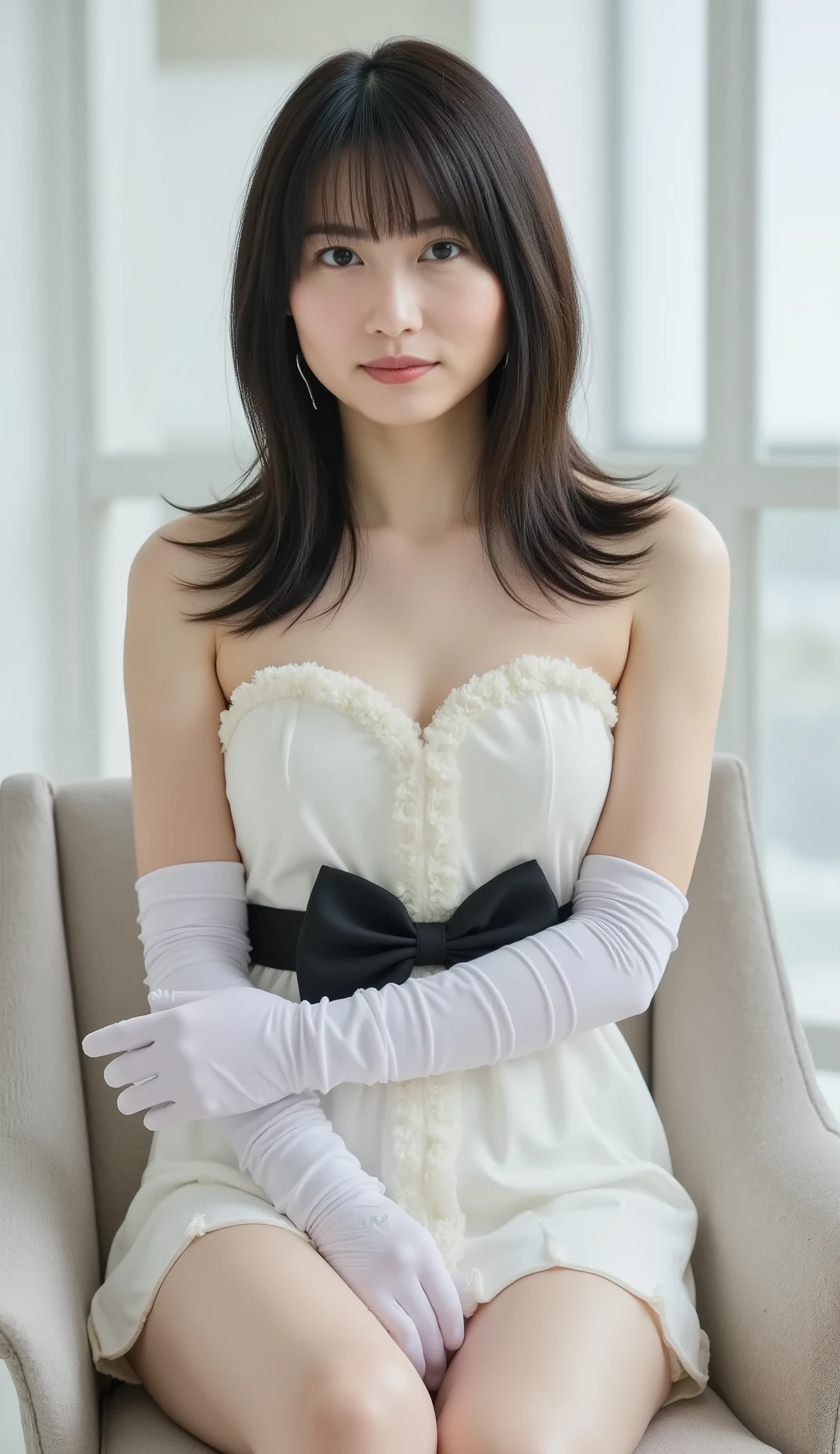 live-action、shot with a Canon EOS R5, 50mm lens, f/2.8 apertur、(masterpiece,best quality:1.4)、Highest Quality、Ultra High Definition、8K、bright room、chair in the building on the edge、front view、Full body photo、Smile Yan、black haired 、straight semi-long、shiny hair、have bangs、(slender style:1.3)、(huge breasts:1.5)、zettai ryouiki、white strapless mini dress, ruffled chest, black ribbon belt with large bow, black long gloves, white thigh-high leg warmers, high heels、Show Panties