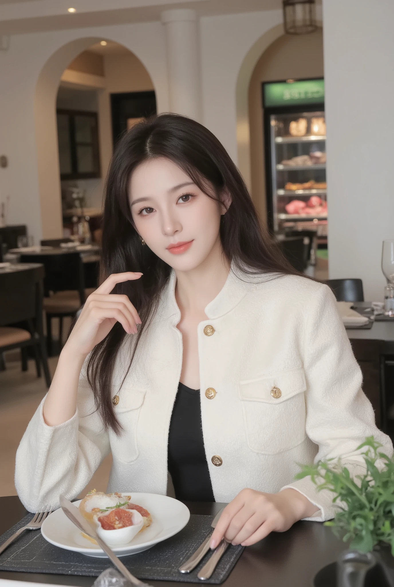 A stylish young woman sitting elegantly in a luxurious modern restaurant with high white arches and tall pillars. She has long straight black hair flowing naturally, looking down with a calm and graceful expression. ((She wears a chic ivory white tweed jacket with gold buttons and black decorative pocket details, layered over a black inner outfit with short bottoms)). She sits on a rattan chair with black frame and cushioned seat, one hand resting gracefully on the table holding a clear glass of water, the other relaxed. Her fingers are adorned with a delicate ring, nails polished naturally. ((On the black round dining table are a placemat, neatly arranged plate, fork, knife, napkin, and a small vase with fresh green plant)). The background shows an elegant dining space with soft warm lighting, neatly arranged tables, and a glass refrigerator displaying premium cuts of meat. The atmosphere is luxurious, refined, and sophisticated. ((Medium shot, slightly angled view, natural soft lighting with warm tones, fashion photography style with focus on elegance and atmosphere)).