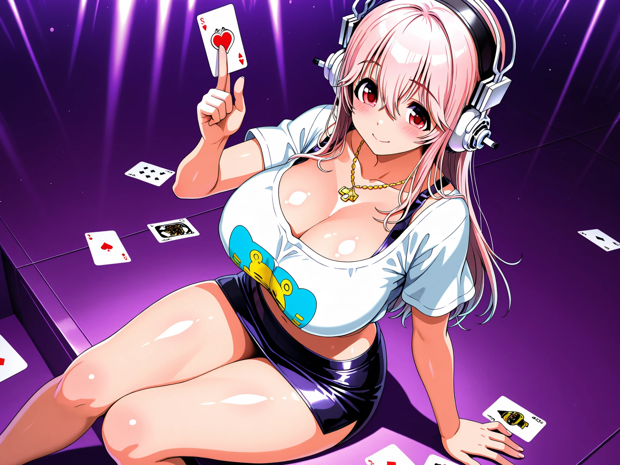 Super sonico, shes wearing a sexy mini skirt and revelead crop top, large breast, shes sitting in floor, with a  card in her hand, purple color, purple background, shiny skin, happy face.