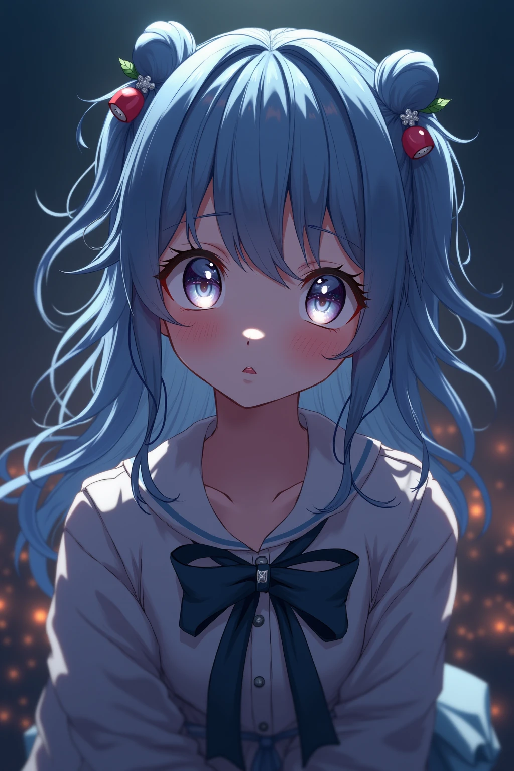 (masterpiece、highest quality)、1 girl ,Grim expression、hatsunemiku,Warm lighting、 Blurred foreground、night、High Contrast、Twin tails,blue gem eyes,Blue Hair,night,snowing,Heavy snowfall,winter,Alone in the vast snowy field,whole body,curse,Looking at me,Huge construction,moon,whole body,shine,bright,Sad expression,whole body,sad face,Huge structures,universe,planet,Standing,Ruin,heavy snow,A world of white silver,Grim expression,tears