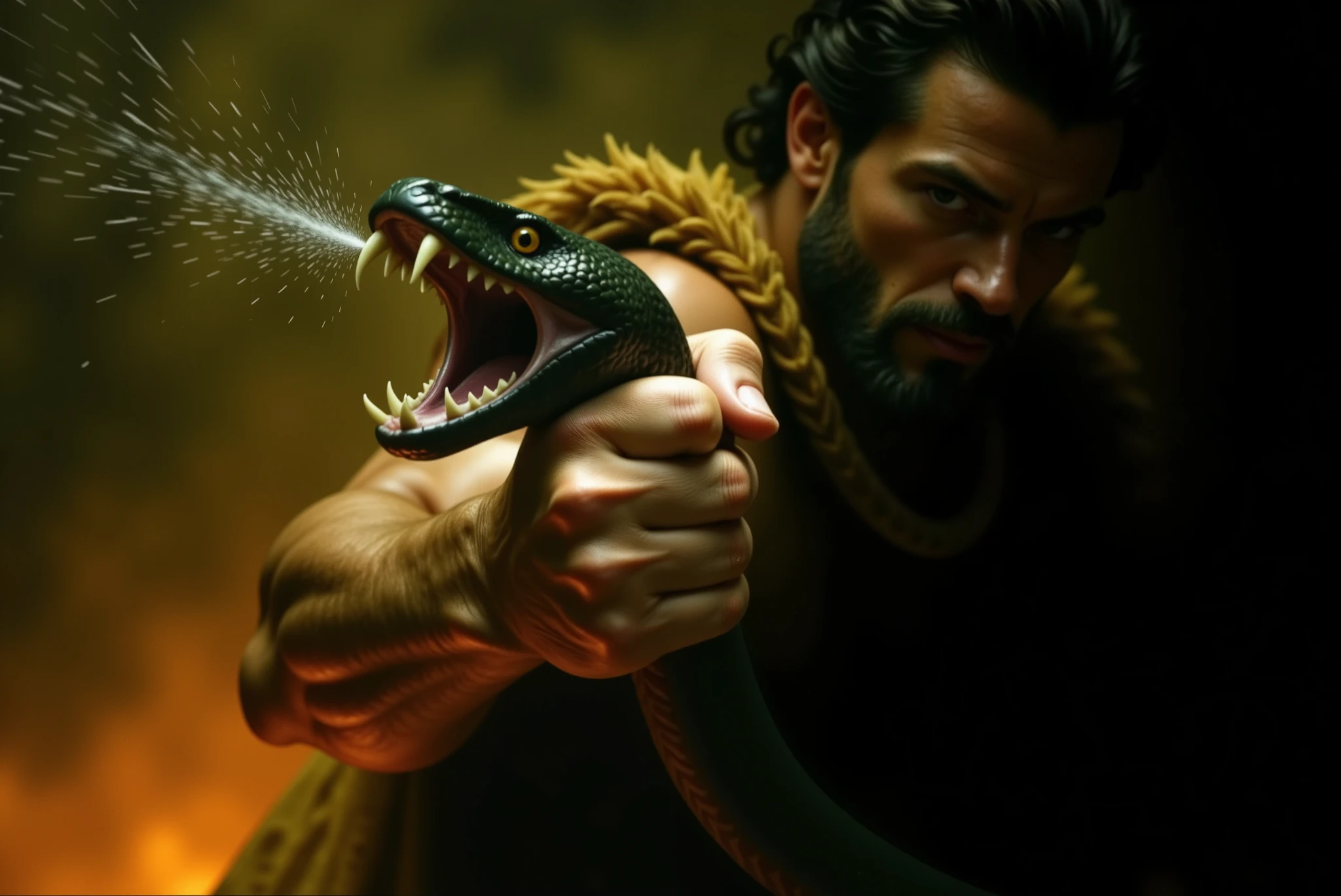 Photorealistic cinematic close-up of Hercules gripping the serpent tail of Cerberus in the fiery underworld. Focus on Hercules’s powerful, veiny hand clutching the snake’s head tightly as it rears back, mouth wide open. The serpent has black, textured scales, glowing yellow eyes with slit pupils, and a forked tongue extended. Hercules’s forearm is muscular and tensed, illuminated by the warm glow of lava cracks below. In the blurred background, swirling smoke, embers, and fiery light. The atmosphere is intense and mythological, with dramatic lighting and shallow depth of field.