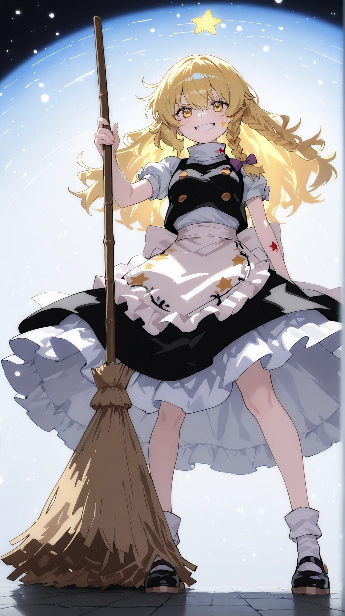 Quality(masterpiece、最高Quality、high resolution、Beautiful face down to the details、anatomically correct、),I can get angry with my whole body、
Touhou Project、1 girl、1 person standing、Many particles of light are visible in the dark、shining brightly under your feet、Kirisame Marisa 、
Kirisame Marisa,( golden hair color、mischievous smile、Standing on a broom、八角形の箱を持っている、),
I can see my whole body from head to foot、red star mark、yellow star mark、blue star mark、holding an octagonal box has a colorful star symbol floating、hair fluttering in the wind、There are countless lasers shining behind、
A composition where you can see the whole picture、moonlit sky background。