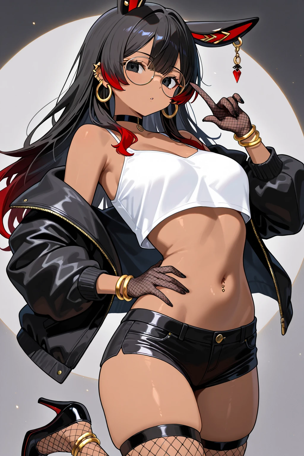 The teenage girl has long, straight black hair pulled back behind her ears and wears round, frameless glasses. She wears several small metal earrings, wears a heart-shaped choker, wears a  with a tied hem, showing a leopard-print bra on her stomach, has a navel piercing, wears a short skirt, holding one hand. A pink mobile phone with a doll in it, wearing school shoes and leg warmers (squinted eyes, smiling, showing fang teeth, red face, covered in sweat)