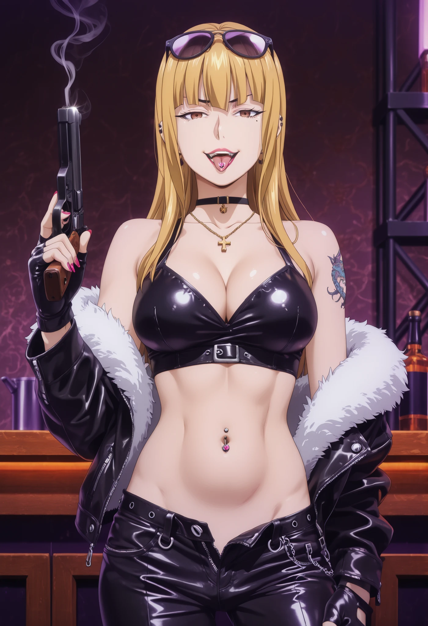 1girl,solo,mm,mature female,long hair,blonde hair,bangs,brown eyes,mole under eye,lipstick,,anime coloring, nail polish, ear piercing, long hair, , lipstick,Hot girl, baddie, smoking, sensual, attractive cross necklace, choker , jewelry, earrings,  bar background, inside bar ,indoors, , casino,, fur jacket ,  shoulders , white fur , leather pants , dark brown , fur , side inserts , belt , weapon holder , weapon , fingerless gloves , leather , forearms , , short , strapped , belt , cowboy shot , masterpiece , best quality , highly detailed , a girls with a gun , evil smile , open mouth ,  gaze , badass pose , evil smile , smile , ()  , , navel , evil expression , exposed belly , exposed navel , exposed midriff , exposed lower belly , long black pants , cleavage , unbuttoned leather pants , open fly , low rise black leather pants , leather jacket , holding a gun , holding pistol , unbuttoned shirt , collared shirt , knot , pull_down leather pants , (show off panties , :1 . 2 , no panties) , pull_down long black pants , pull_down black leather pants , zip up leather jacket ,  top , navel piercing , cross-laced slit , tongue piercing , tongue out , open mouth ,  ,,, sunglasses on head , ,medium large  ,looking at viewer , dragon tattoo on waist, narrowed eyes, tattoo on waist, anipai_style , anime screencap , anime coloring, v-shape eyebrows,,