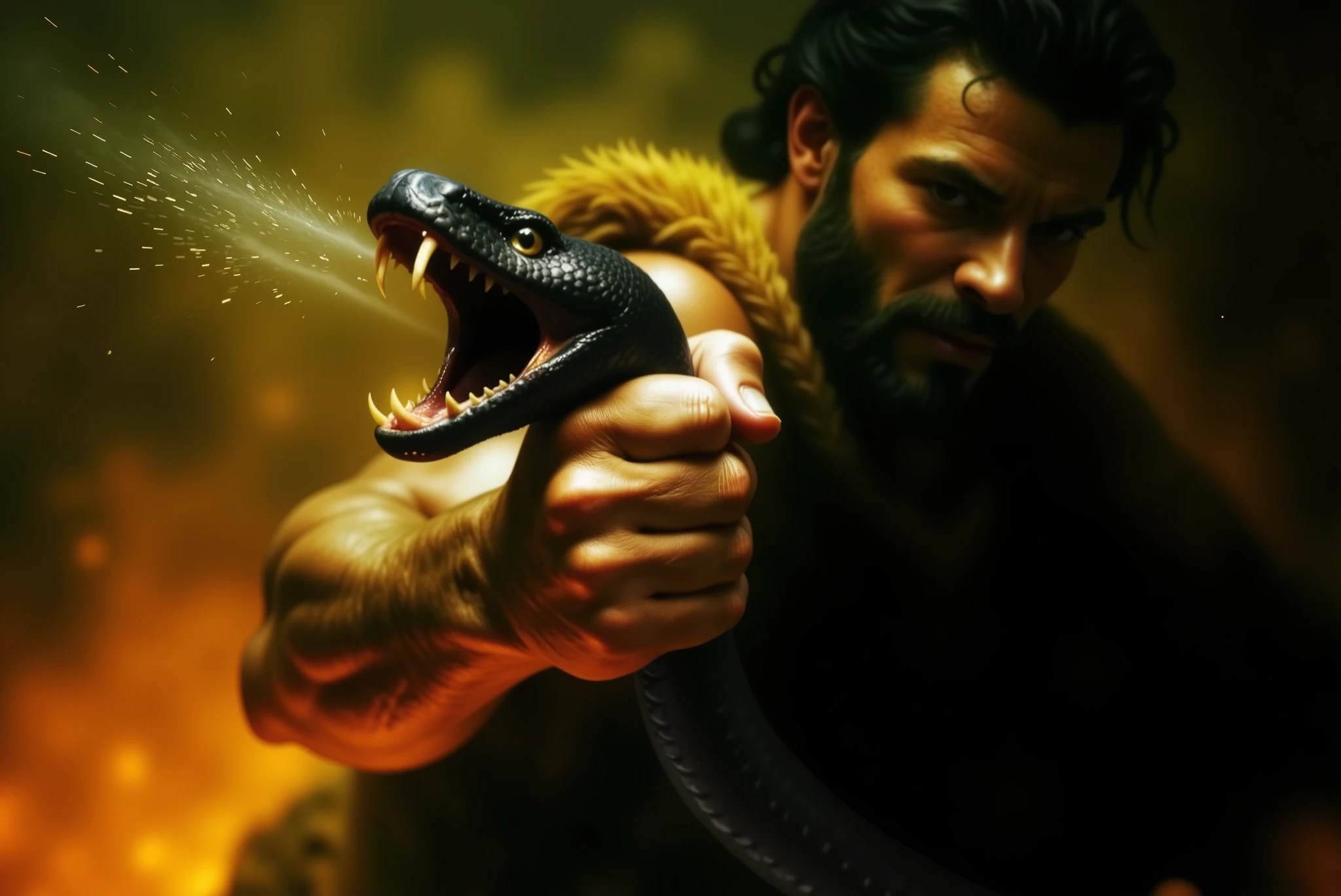 Photorealistic cinematic close-up of Hercules gripping the serpent tail of Cerberus in the fiery underworld. Focus on Hercules’s powerful, veiny hand clutching the snake’s head tightly as it rears back, mouth wide open. The serpent has black, textured scales, glowing yellow eyes with slit pupils, and a forked tongue extended. Hercules’s forearm is muscular and tensed, illuminated by the warm glow of lava cracks below. In the blurred background, swirling smoke, embers, and fiery light. The atmosphere is intense and mythological, with dramatic lighting and shallow depth of field.