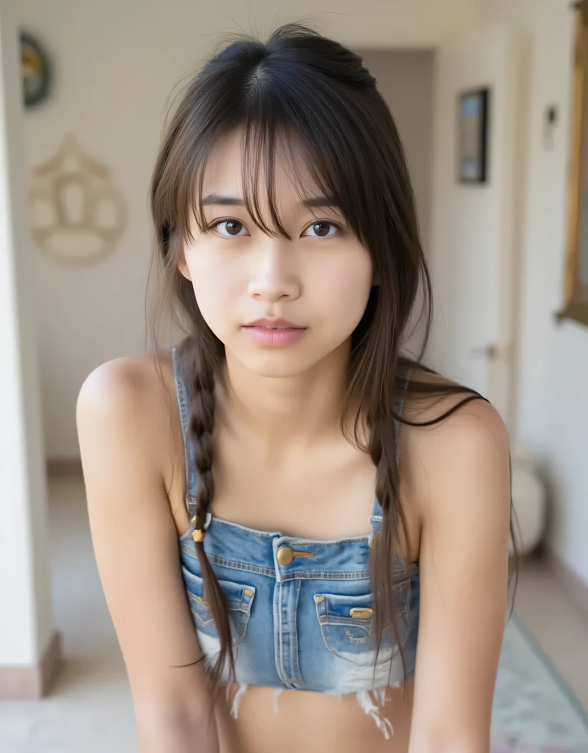 8K,High quality,Top quality,(( 1 girl)), Woman, Masterpiece, Highest quality, Best quality, 8k, masterpiece, ultra high resolution, (reality: 1.4), 1 girl, , 18 years old, youthful, skinny, tall, brunette, messy medium long hair, bright blue eyes, small breasts, small waist, small ass from below, freckled, young looking, cute face, hot body, most beautiful girl ever, full body wide photo, staring deeply into the viewer with an innocent and seductive look, in distressed micro denim shorts that expose most of her legs and almost her lower butt cheeks, in a small olive green cropped tank top that shows almost her belly and staring deeply into the viewer, deep chest that accentuates her small but attractive breasts, the overall outfit makes her even more attractive., wet,