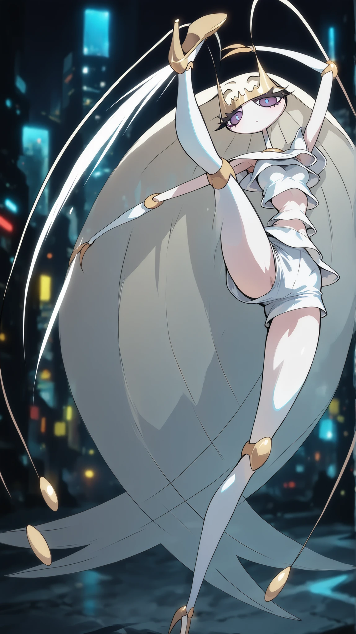 Pheromosa from Pokemon, White Body,Thin Waist, Very Thin Waist, Wasp Waist, Solo,vibrant colors, cel shading, Simplistic Art Style, solo,jumping kick,(acrobat:1.3),{cyberpunk background}