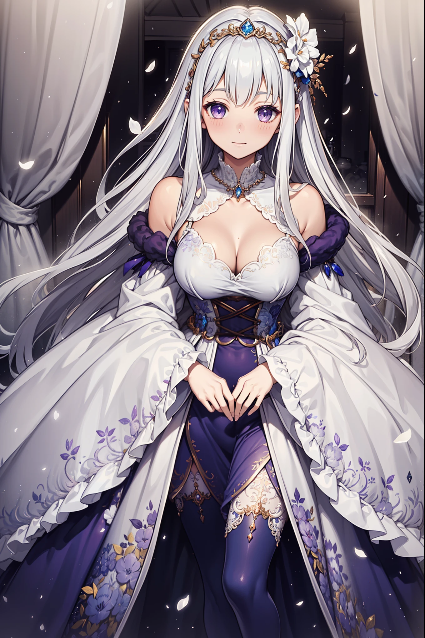 ((anime artstyle)),(Masterpiece),(Best Quality), (Super Detail),((Very Delicate and Beautiful)),(((Solo))),((full body)),(((1 princess in sweet lolita dress with voluminous full length hoop skirt))),((standing in garden)),Long train,(bling-bling gorgeous gemstone jewelry),detailed face and eyes,jewel-like eyes,((large amount of straight hair,extremely voluminous Very Long Straight Hair)),(gorgeousfull embroidery and lace),((gigantic tits,Long tits)),cleavage,gorgeous corsage,See-through,((extremely gorgeousfull lolita hair ornament)),bling-bling extremely gorgeousfull jeweled tiara,ornate ruffles,beautiful embroidery,(hoop skirt,crinoline),flowers, flower petals flowing,((Dynamic Angle)),Looking at viewer,((full body)),(((sweet lolita dress with voluminous full length hoop skirt)))