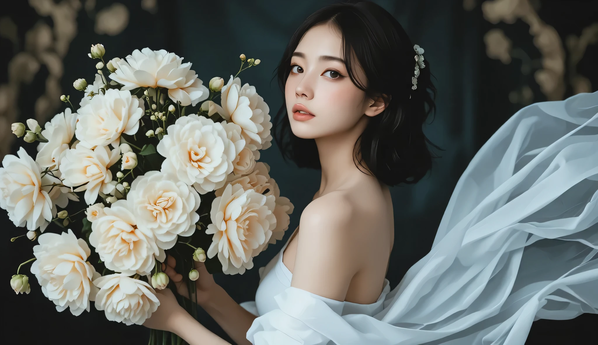 Super Quality, artistic, Japanese woman wearing a white camisole dress with a big bouquet,natural bangs、dark background