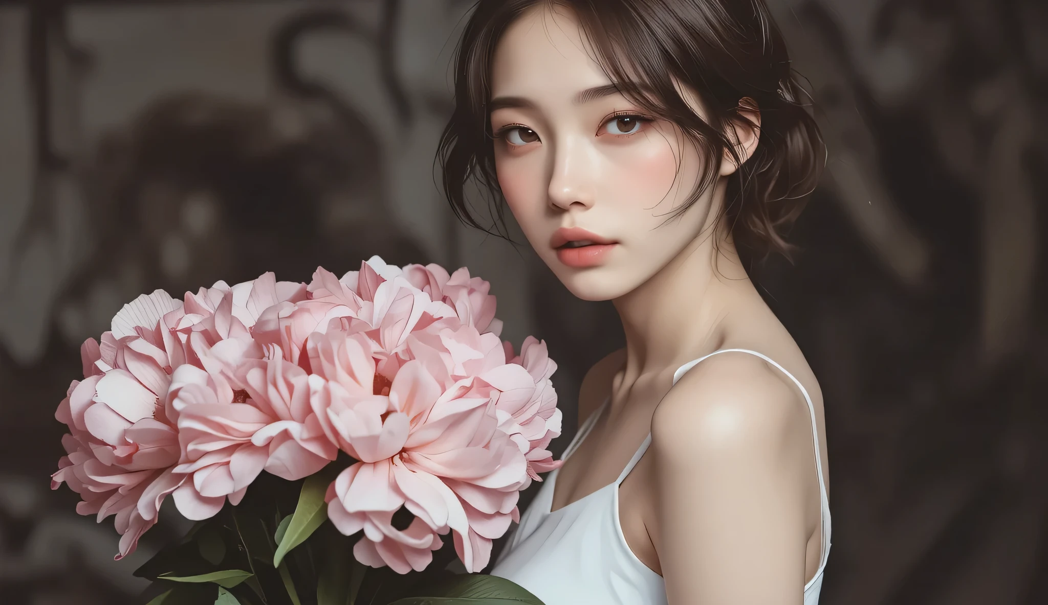Super Quality, artistic, Japanese woman wearing a white camisole dress with a big bouquet,natural bangs、dark background