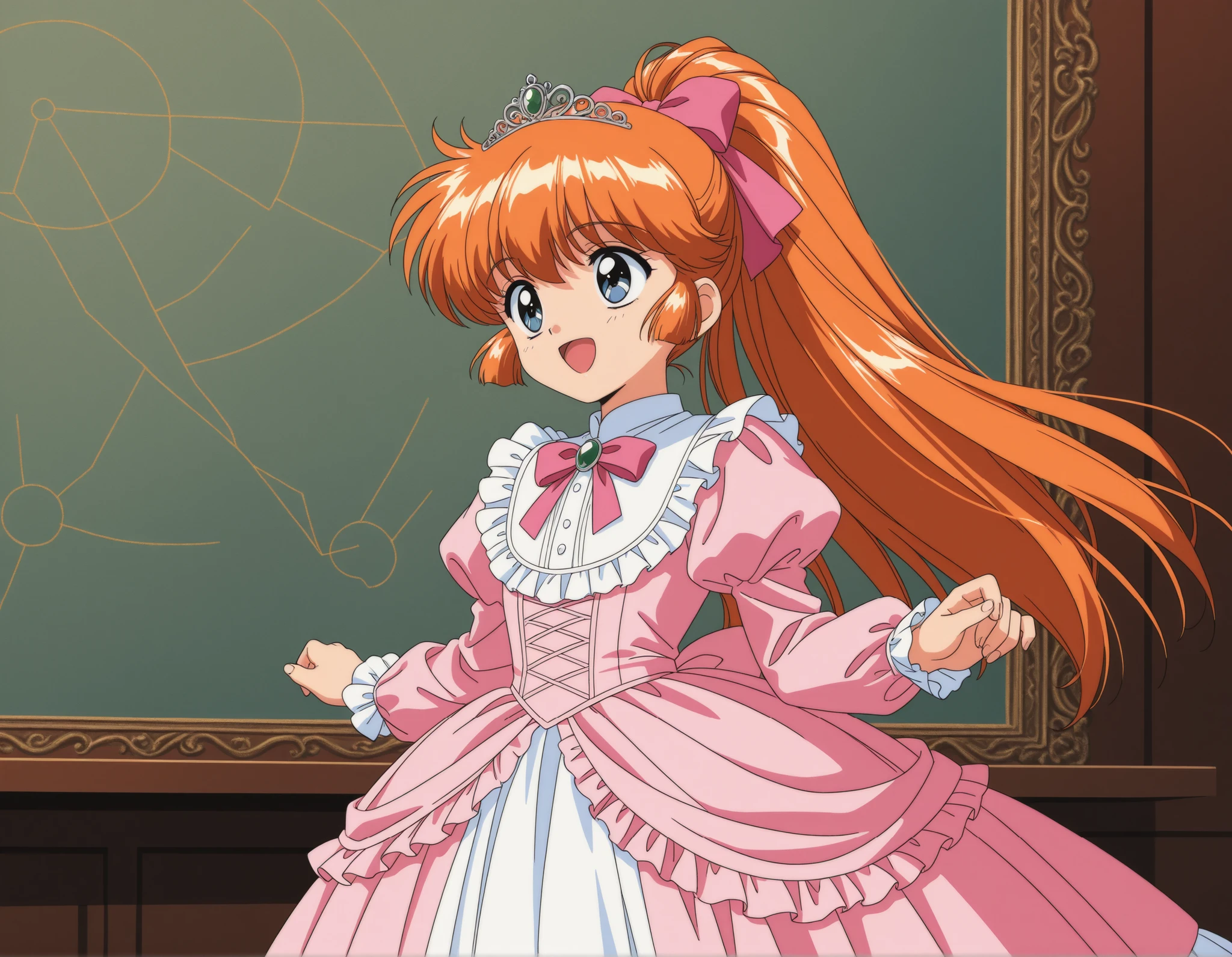 score_9, score_8_up, score_7_up,anime coloring,masterpiece, Highest Quality, Source_anime,OFFICIAL ART,perfect_ Anatomy ,1990s_\(style\),Retro_Art Style,BREAK,magician,Saint Tale,1girl,solo,12 years old,long hair,orange hair,ponytail,BREAK,BREAK,(look away,smile,open mouth),BREAK,cowboy shot,(sidemap:1.5), Cute Princess, young,she's smiling,((pink silk satin victorian style large ball gown dress.:1.0)),short,long sleeve,The dress is decorated with lots of ruffles and bows., 腰まで届くブロンドのウェーブlong hair,they wear a princess tiara on their heads,In a gorgeous European rococo palace,