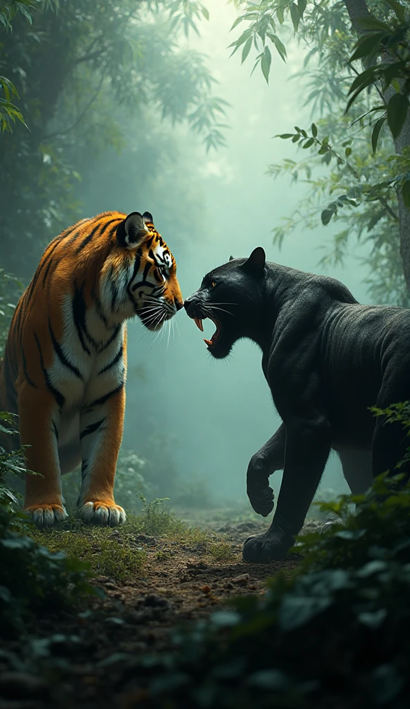 This is a digital image of a lion and a tiger in the forest talking to each other.   The tiger on the left side of the image walks towards the camera with its head facing the viewer.   And its eyes are focused on something from a distance.   The wild tiger was standing on the right, opening its mouth and turning its face towards the camera.   It is black with large curved horns and a pink nose.   The background is full of tall trees and thick leaves, and the ground is covered with dry grass and twigs.   The whole feeling of the image is dark and scary, with a sense of danger and danger.