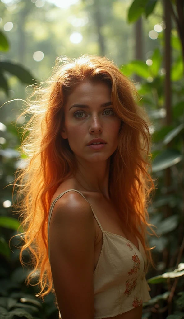 a determined redheaded warrior in the middle of a lush forest, her vibrant hair contrasting with the natural tones.
